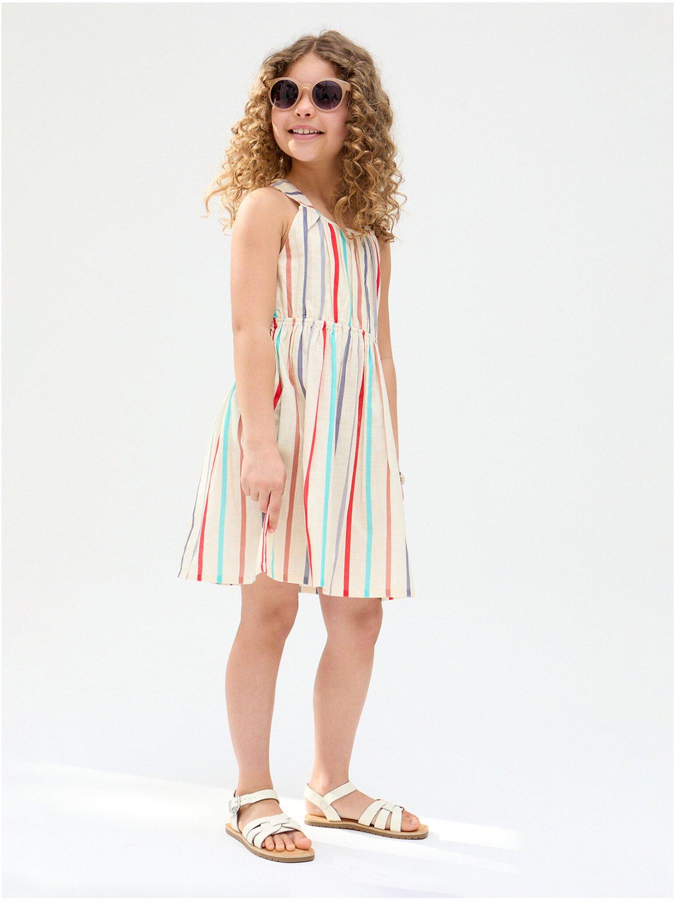 undefined Kris Cross Back Blue Stripe Mini Dress - Cream