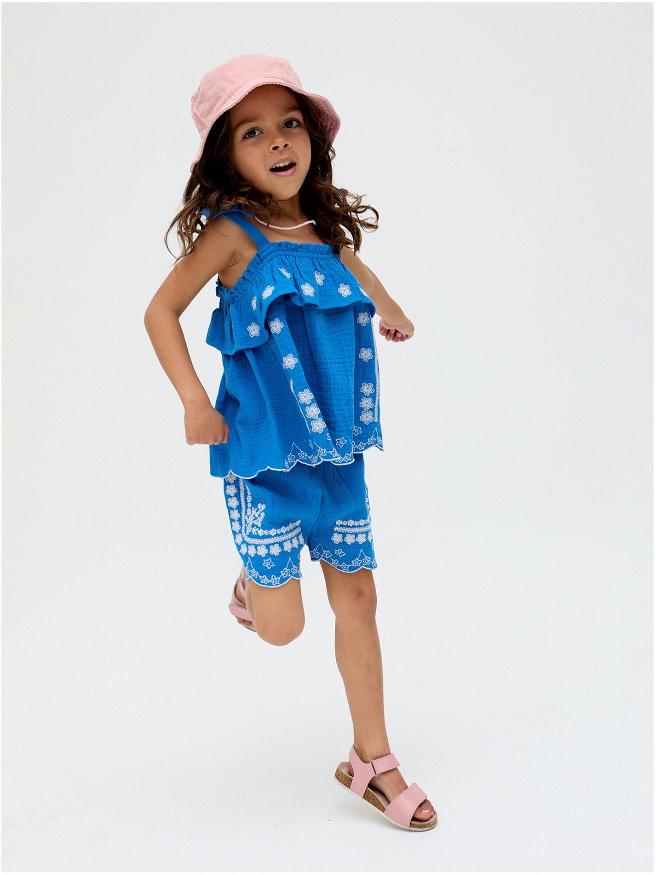 undefined Girls Savanah Scalloped Embroidered Hem Top and Short Set - Blue