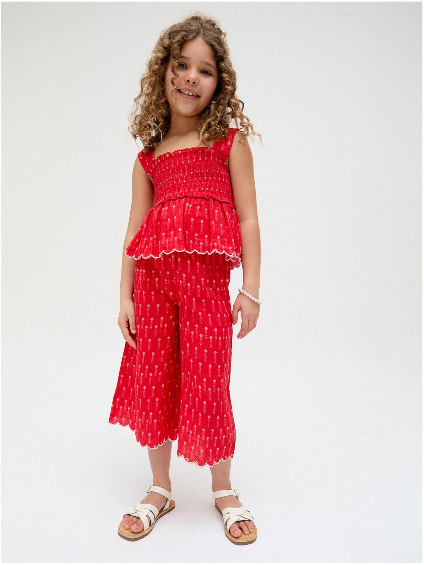 undefined Girls Shirred Top And Trouser Set - Red