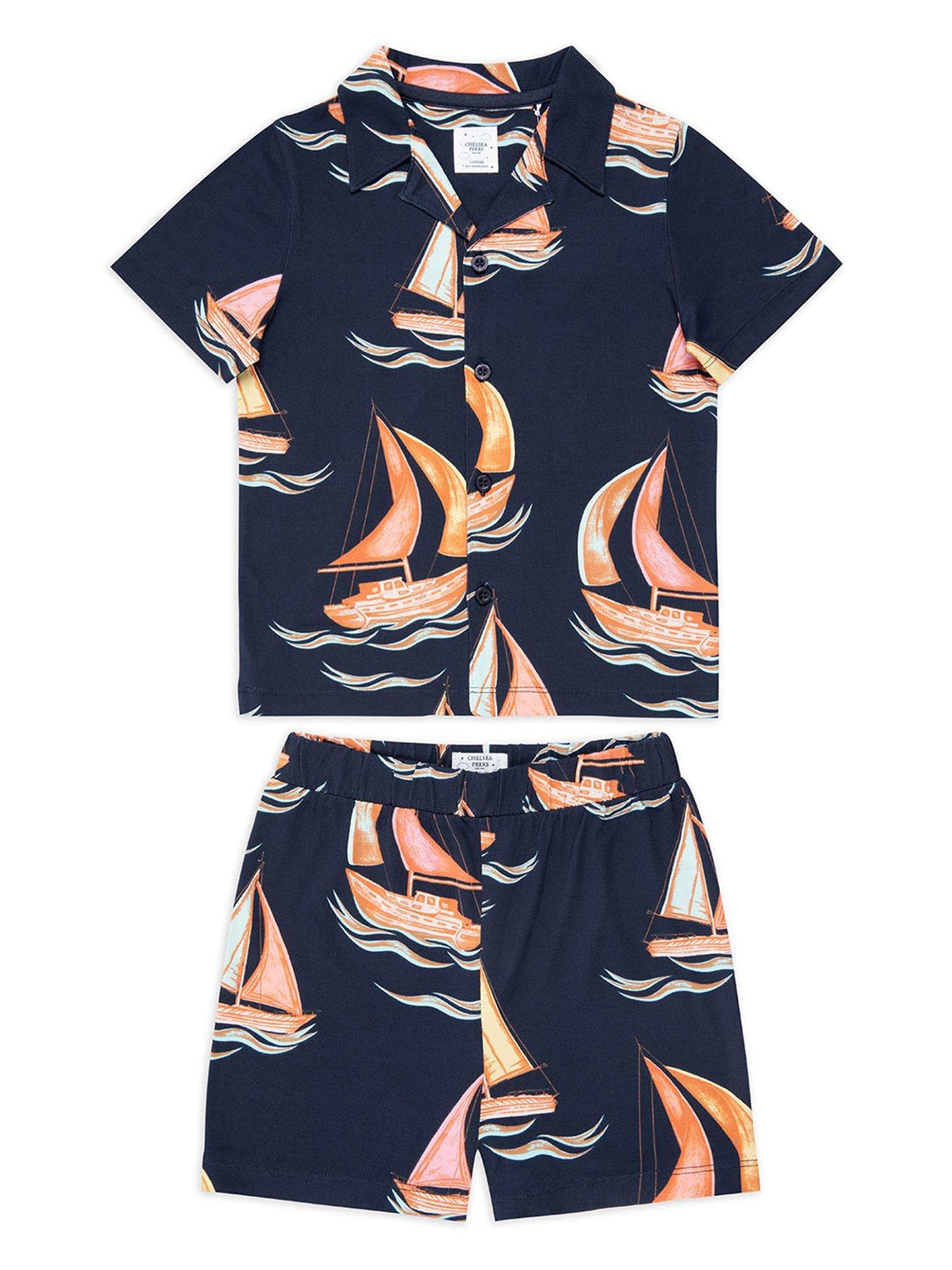 undefined Kids Unisex Colourful Boats Short Sleeve Revere Top And Short Pyjamas Set - Navy