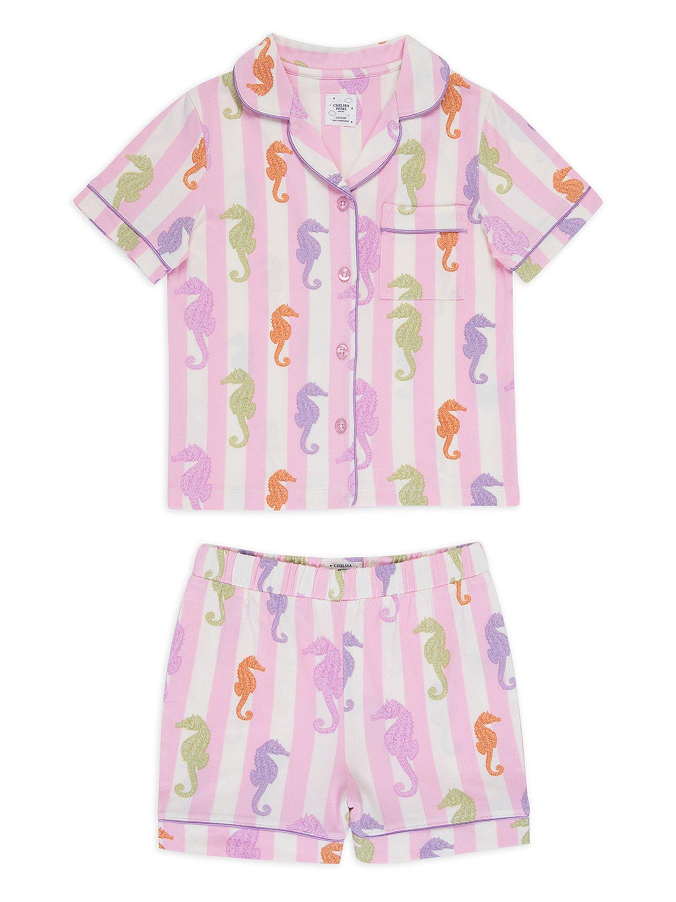 undefined Kids Unisex Seahorse Stripe Short Sleeve Revere Top And Short Pyjama Set - Pink