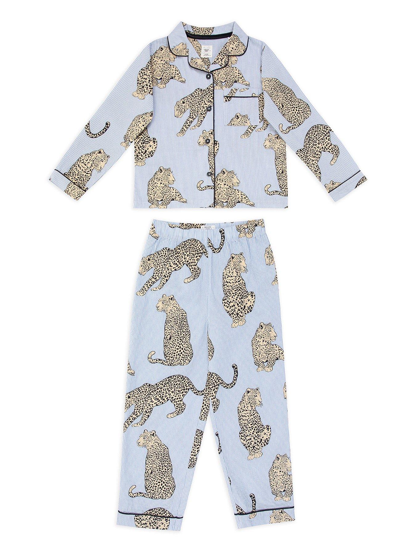 undefined Unisex Kids Seersucker Stripe Leopard Long Sleeve Button Up Pyjamas - Blue