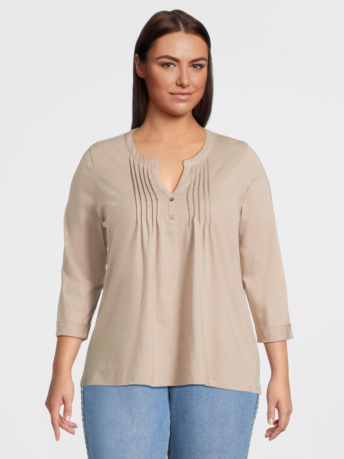 undefined 3/4 Sleeve Stretch Henley Top - Beige