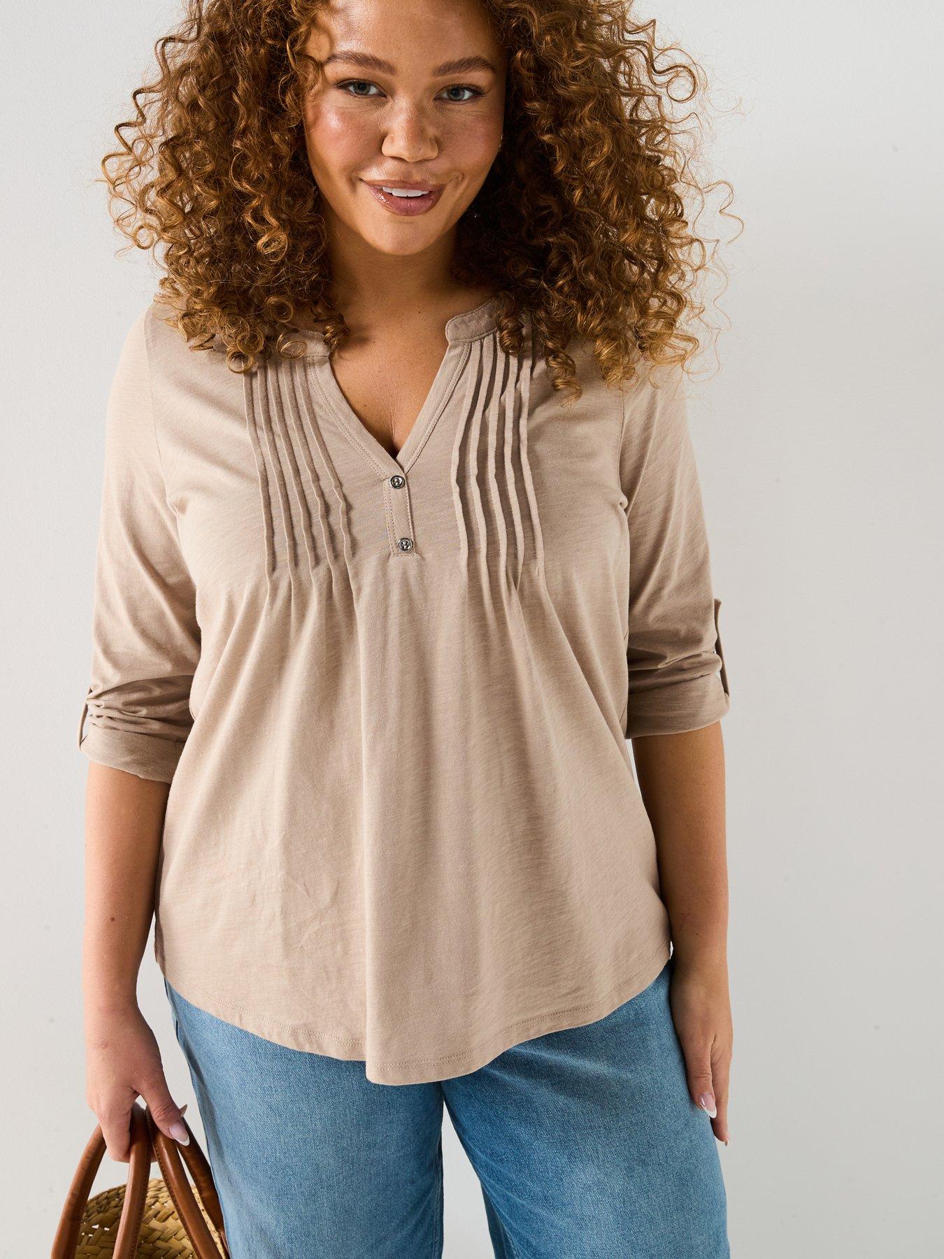 V by Very Curve 3/4 Sleeve Stretch Henley Top - Beige