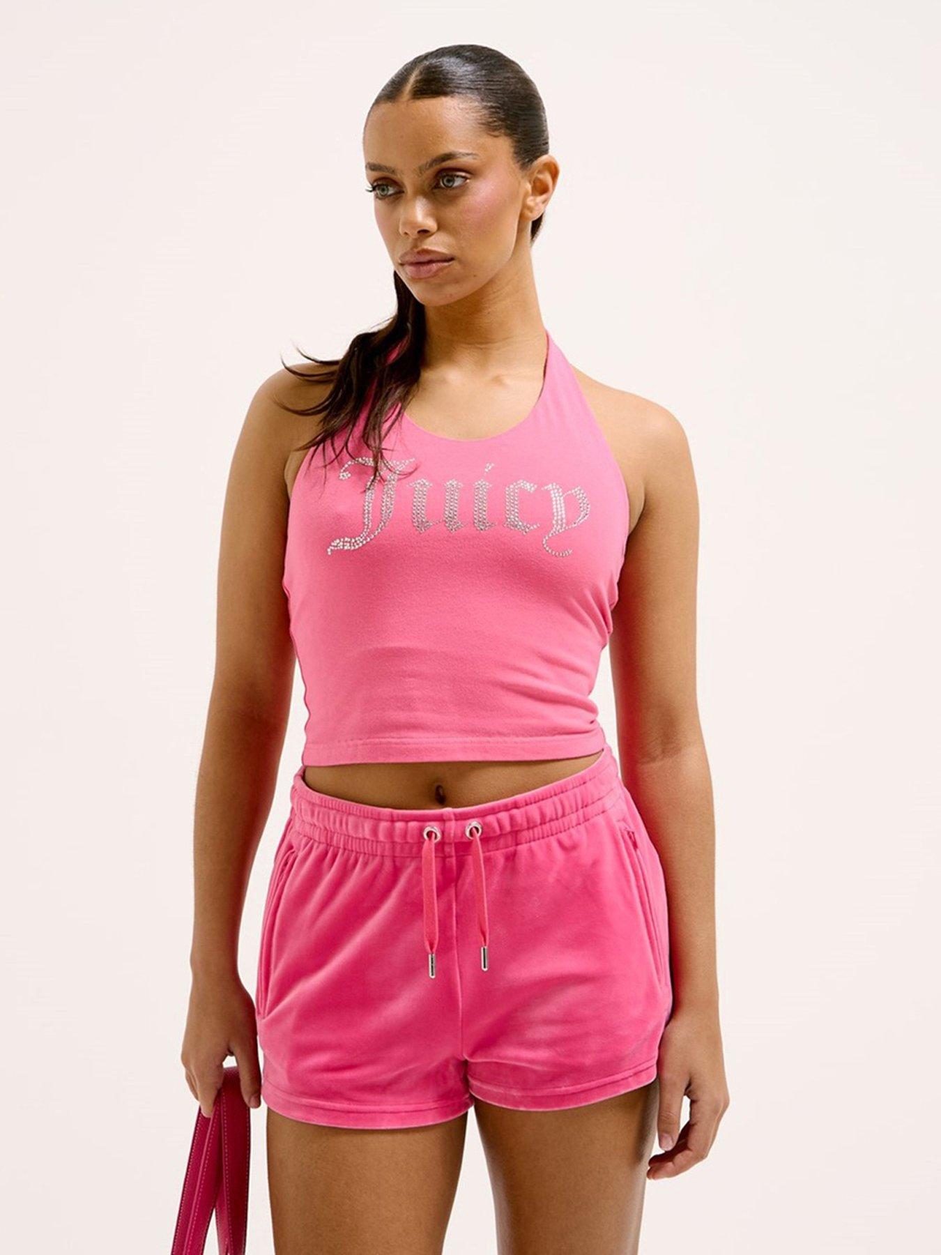 undefined Velour Track Shorts With Diamante Logo - Pink