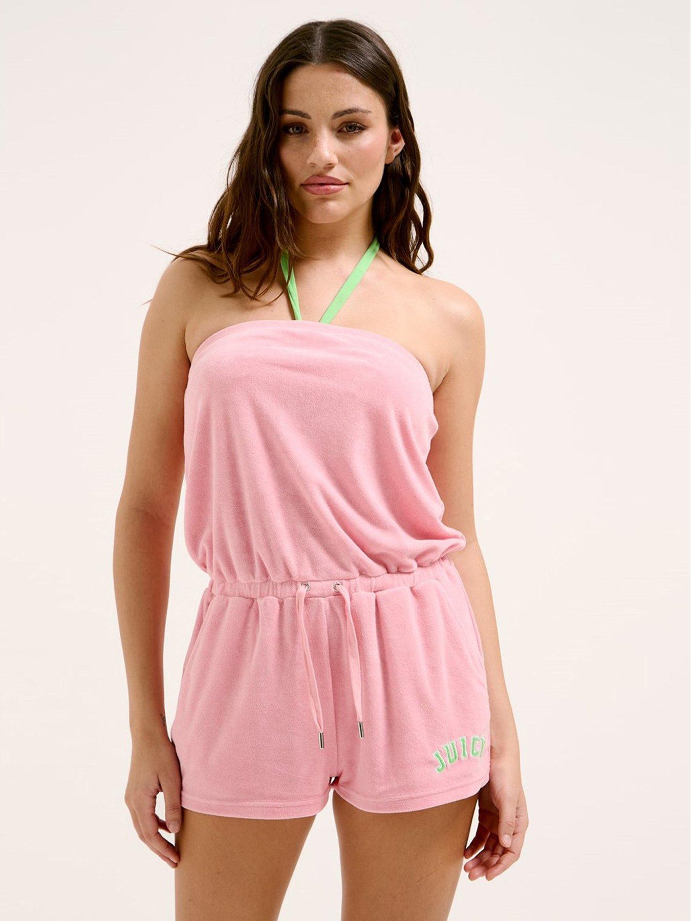 Image 1 of 4 of Juicy Couture Bandeau Drawstring Romper - Pink