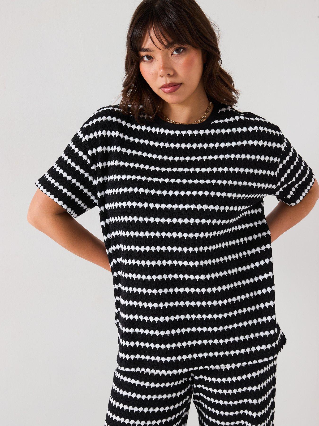Image 1 of 6 of V by Very Curve Crochet Stripe T-Shirt Co-Ord - Black