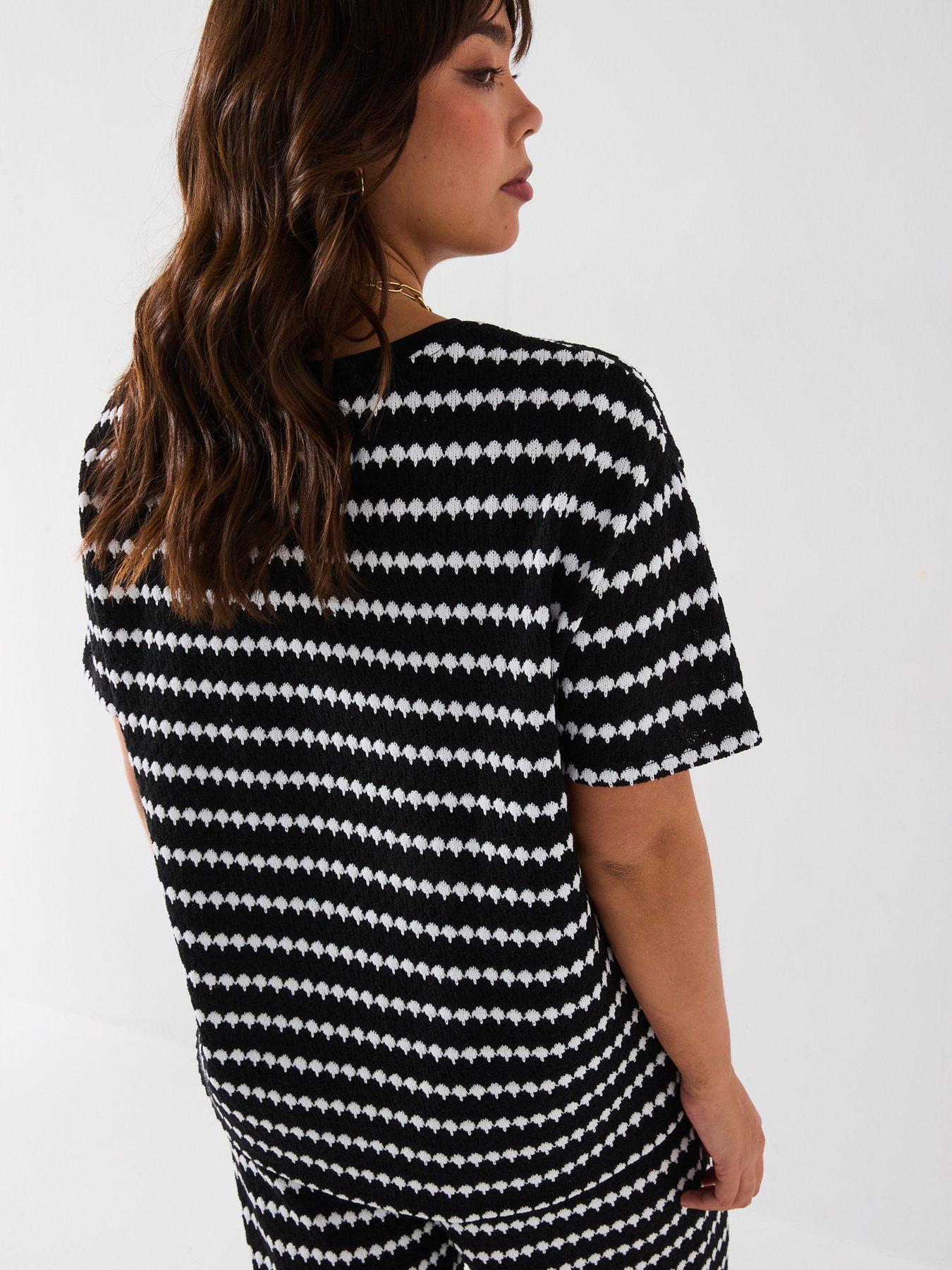 Image 2 of 6 of V by Very Curve Crochet Stripe T-Shirt Co-Ord - Black