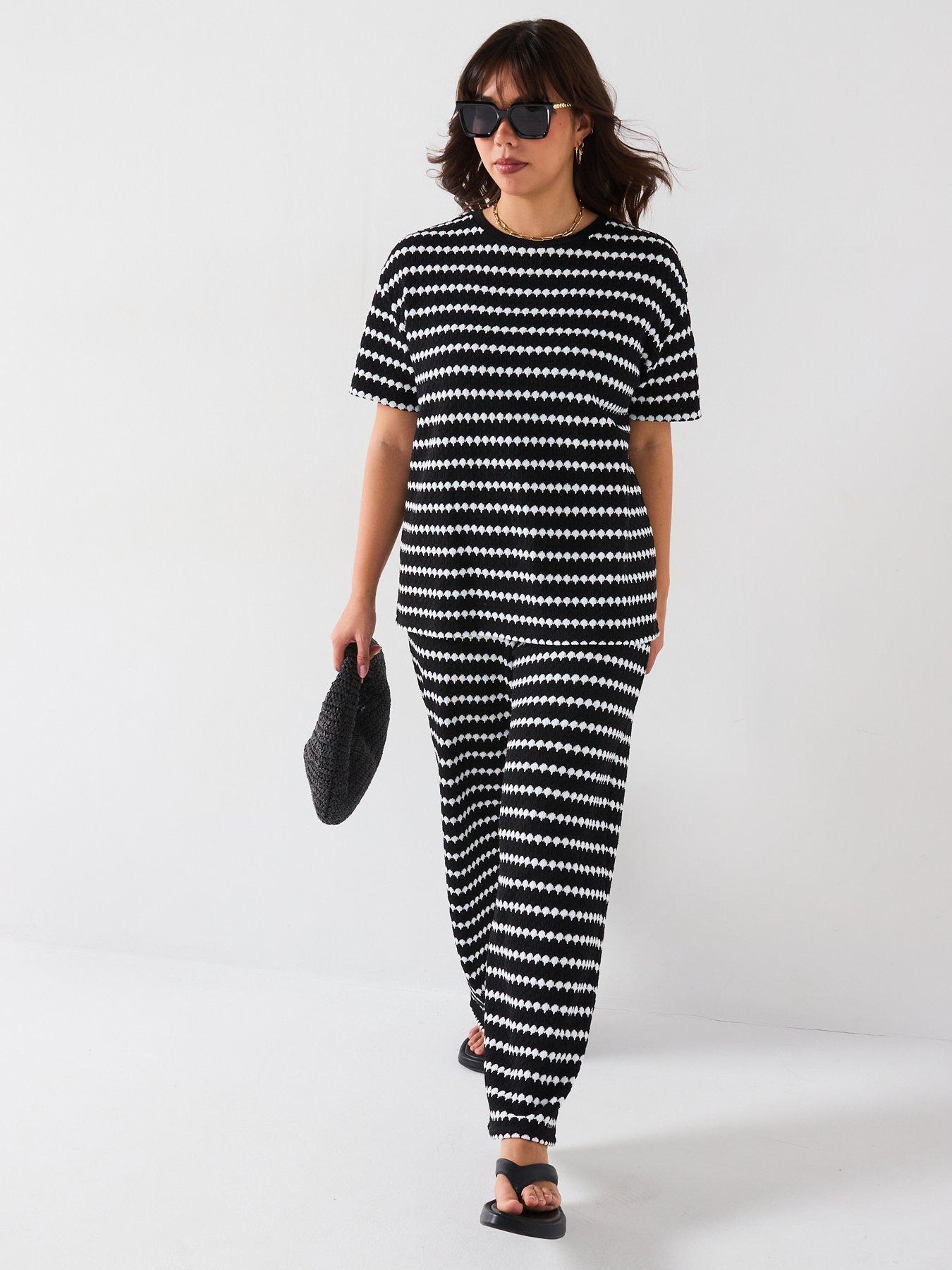 Image 3 of 6 of V by Very Curve Crochet Stripe T-Shirt Co-Ord - Black