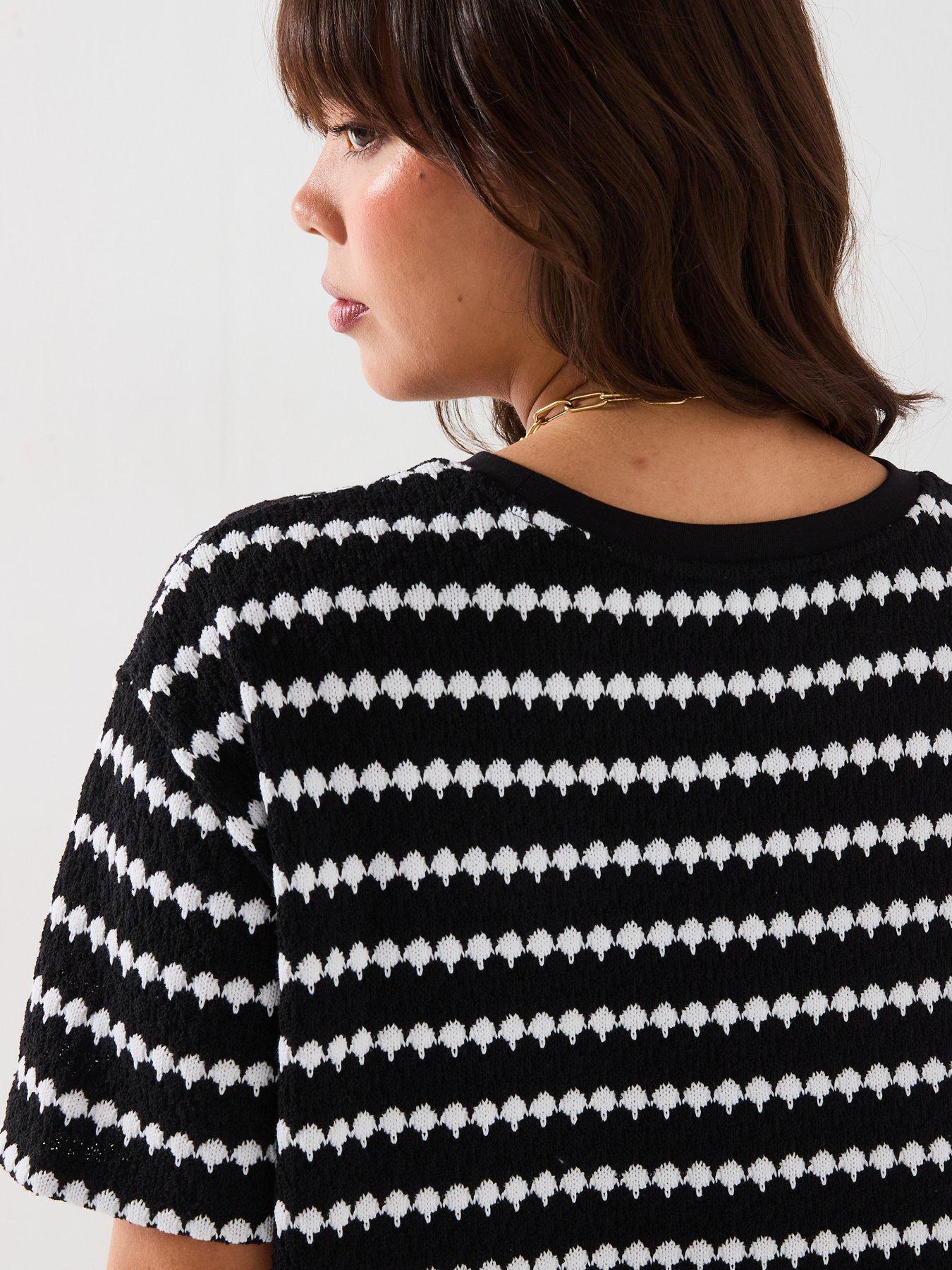 Image 4 of 6 of V by Very Curve Crochet Stripe T-Shirt Co-Ord - Black