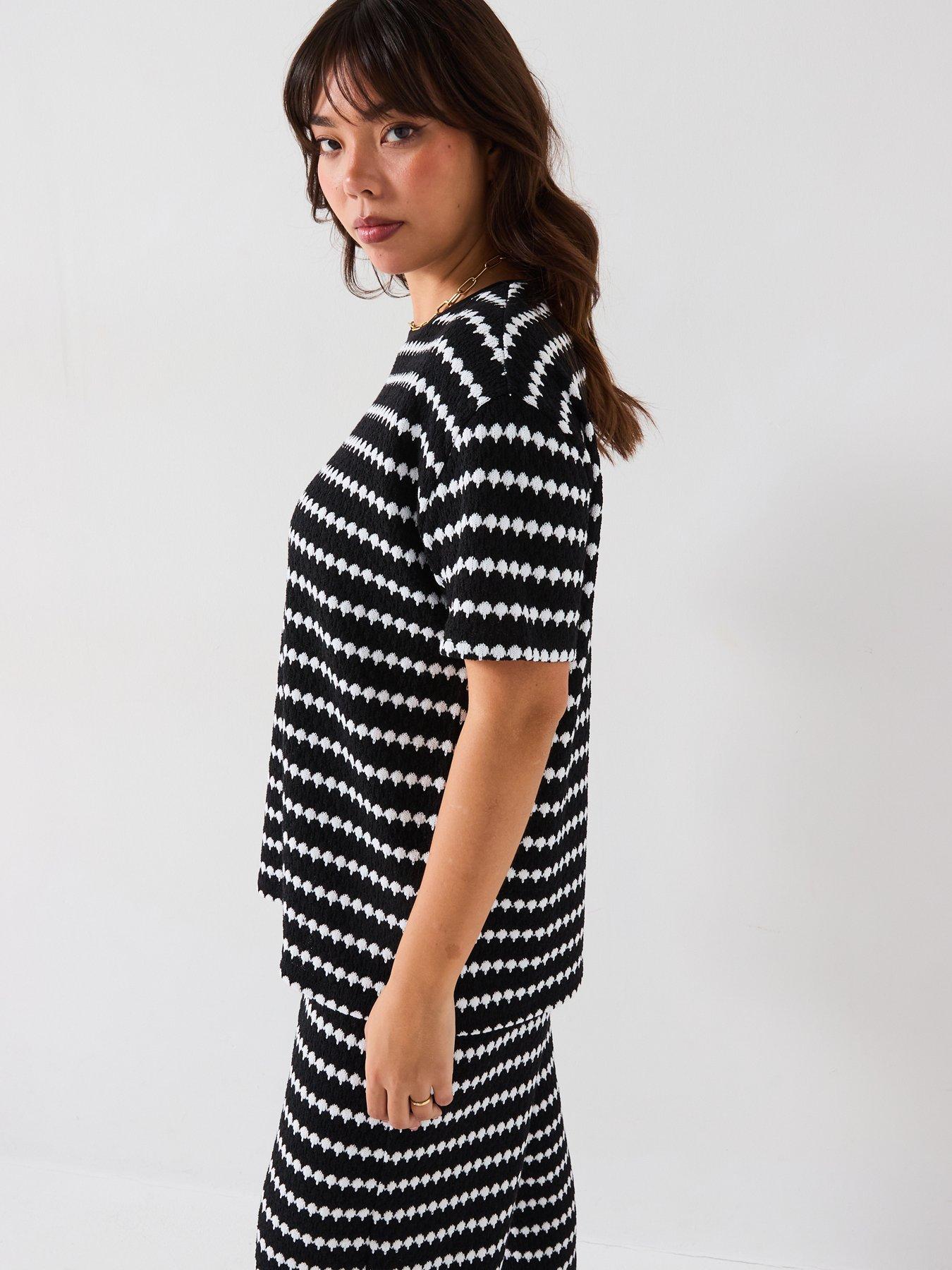 Image 6 of 6 of V by Very Curve Crochet Stripe T-Shirt Co-Ord - Black