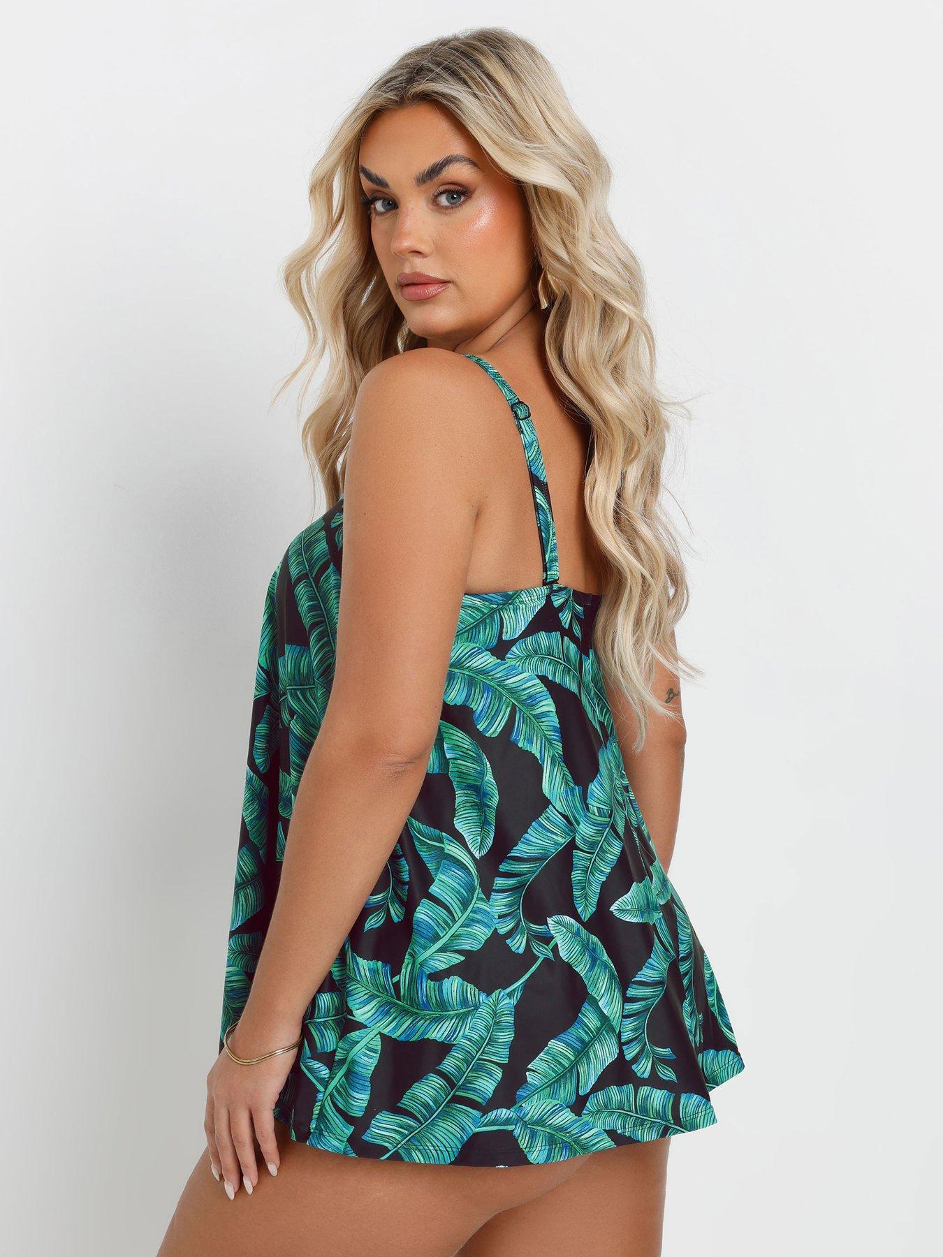 Image 2 of 4 of Yours Curve Feather Leaf Pleat Tankini - Green