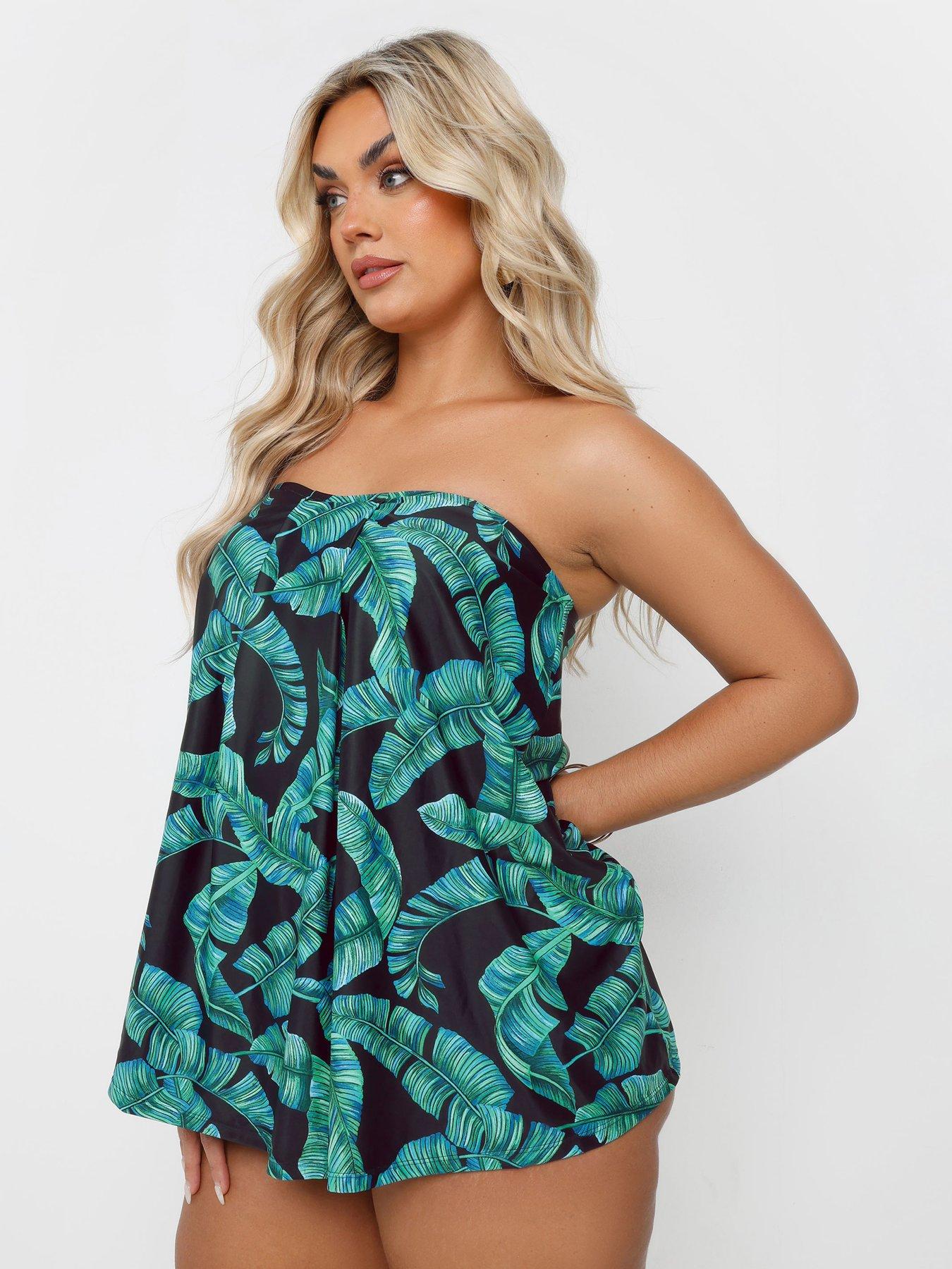 Image 4 of 4 of Yours Curve Feather Leaf Pleat Tankini - Green