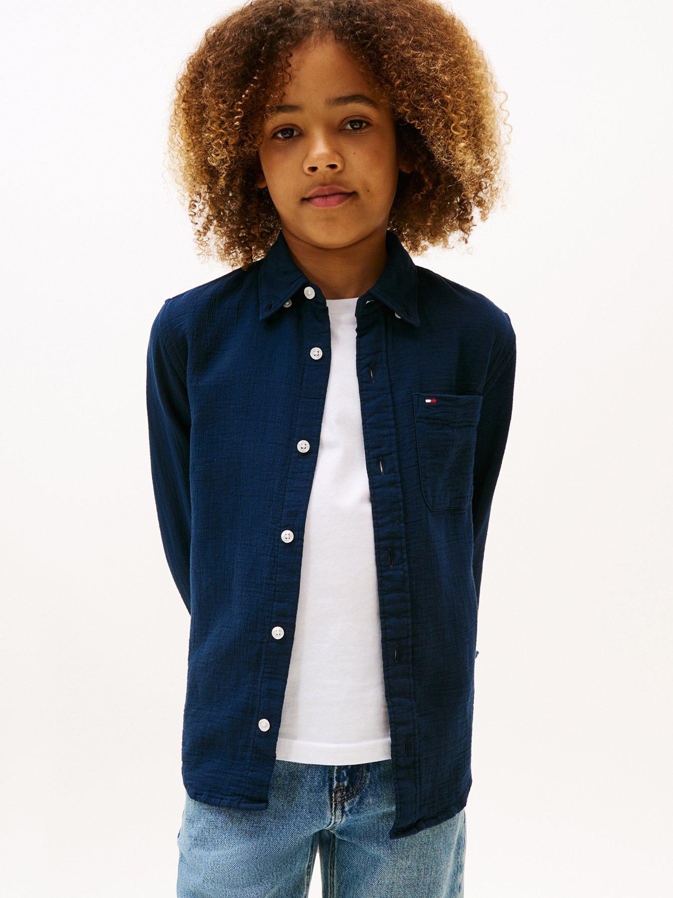 Tommy Hilfiger Boys Textured Solid Long Sleeve Shirt - Navy