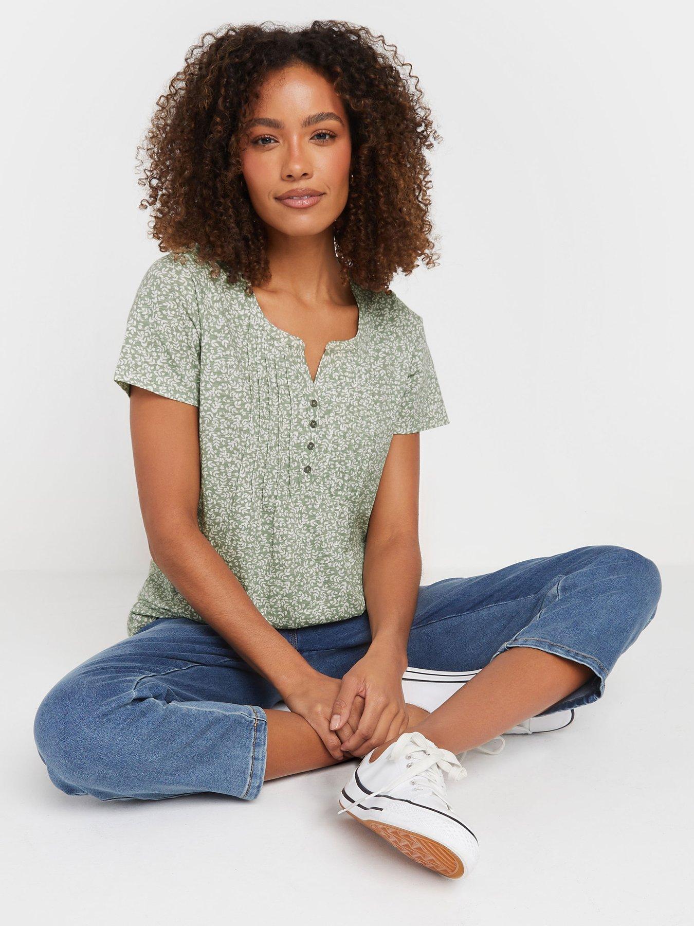 Image 1 of 4 of M&Co Floral Short Sleeve Cotton Henley - Green