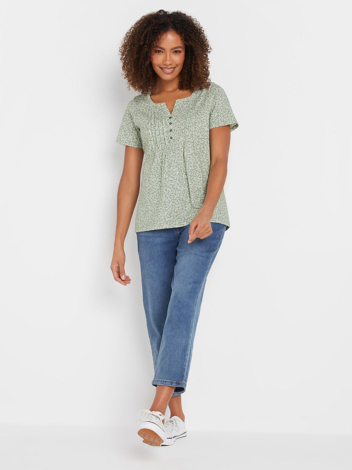 Image 3 of 4 of M&Co Floral Short Sleeve Cotton Henley - Green
