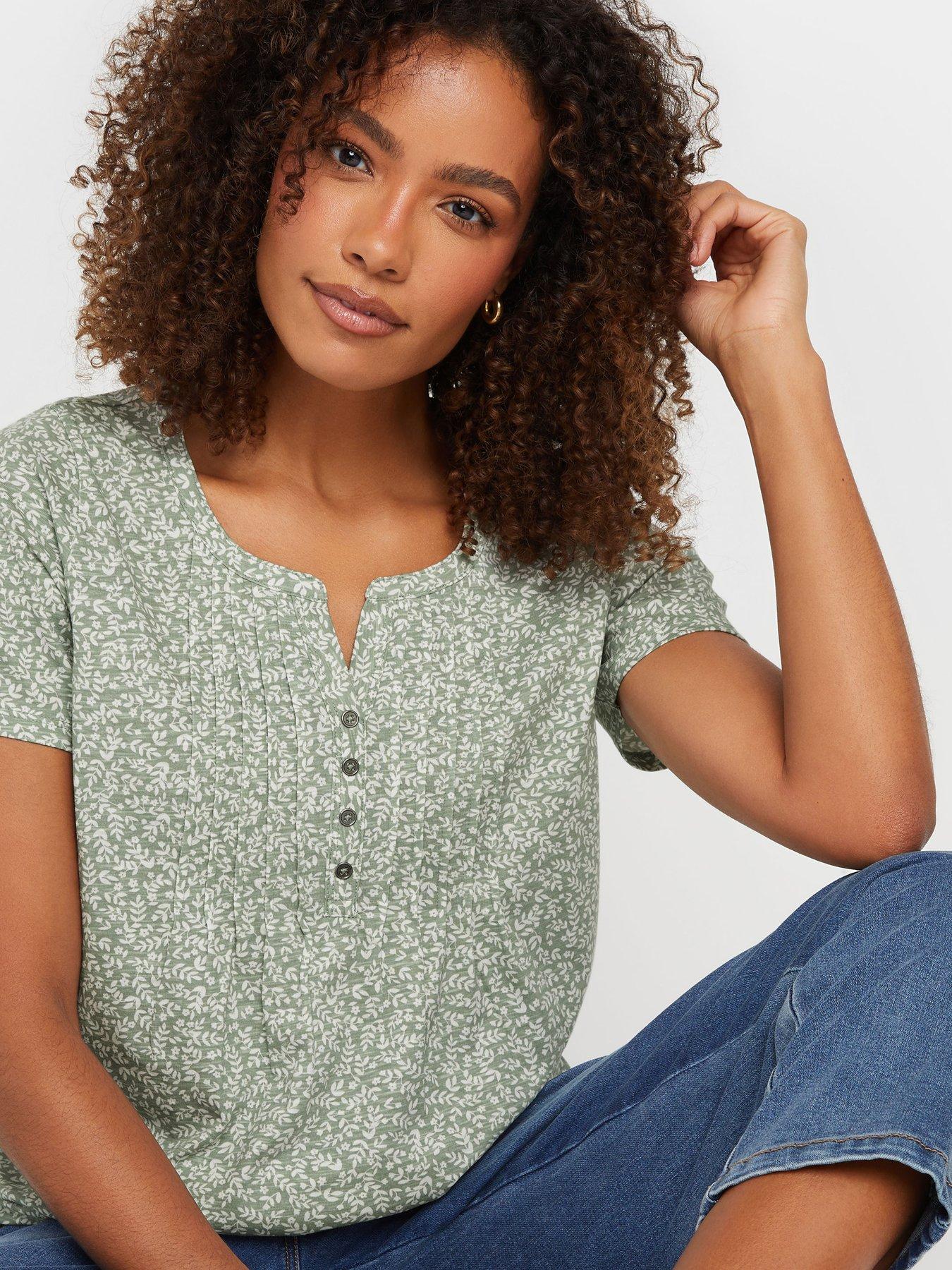 Image 4 of 4 of M&Co Floral Short Sleeve Cotton Henley - Green