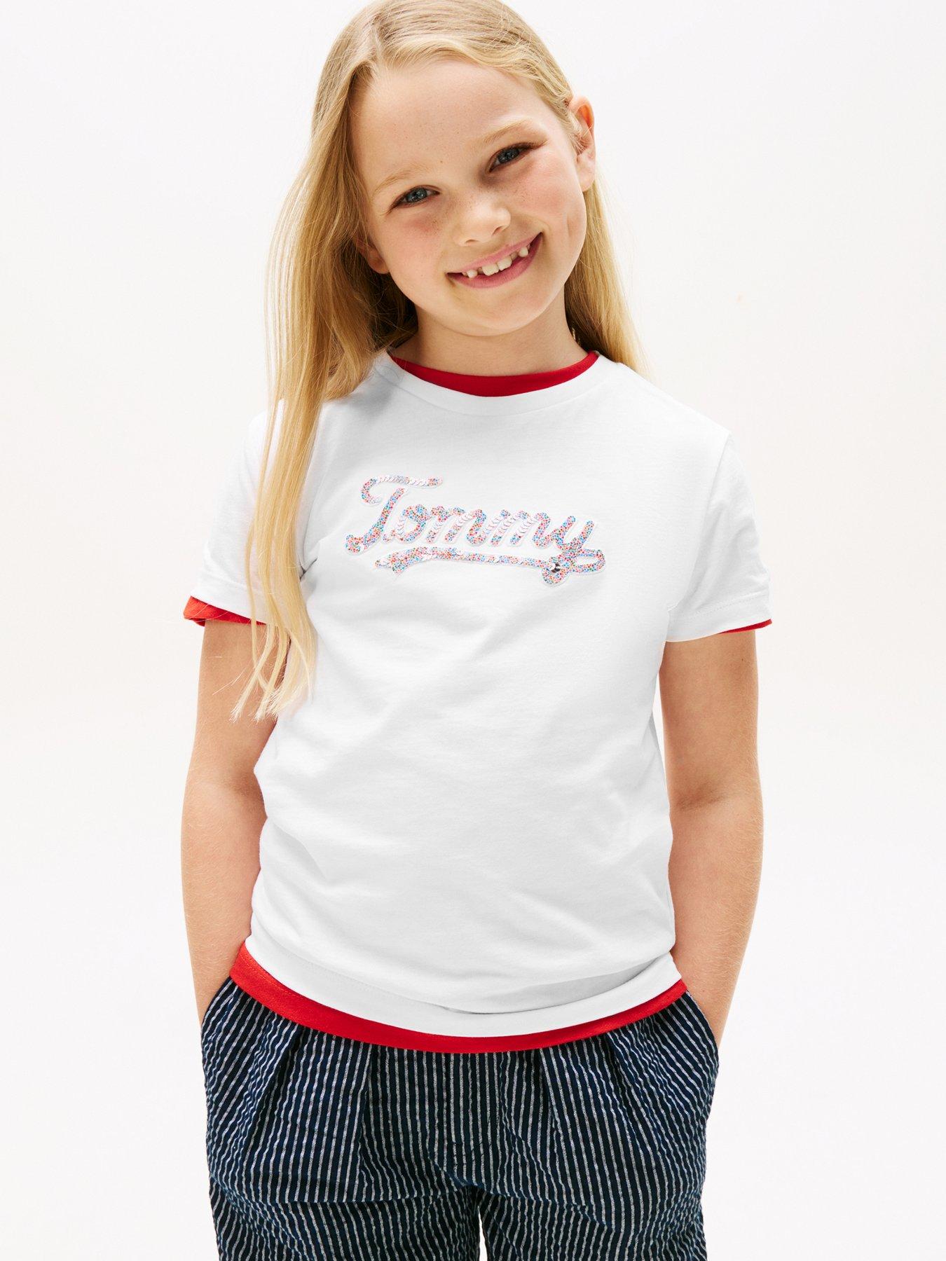undefined Girls Script Sequins Short Sleeve T-Shirt - White