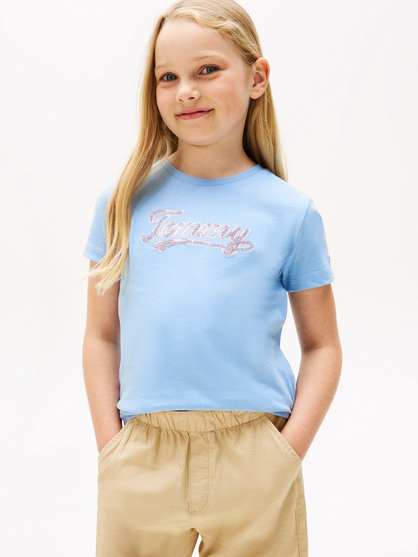undefined Girls Script Sequins Short Sleeve T-Shirt - Blue