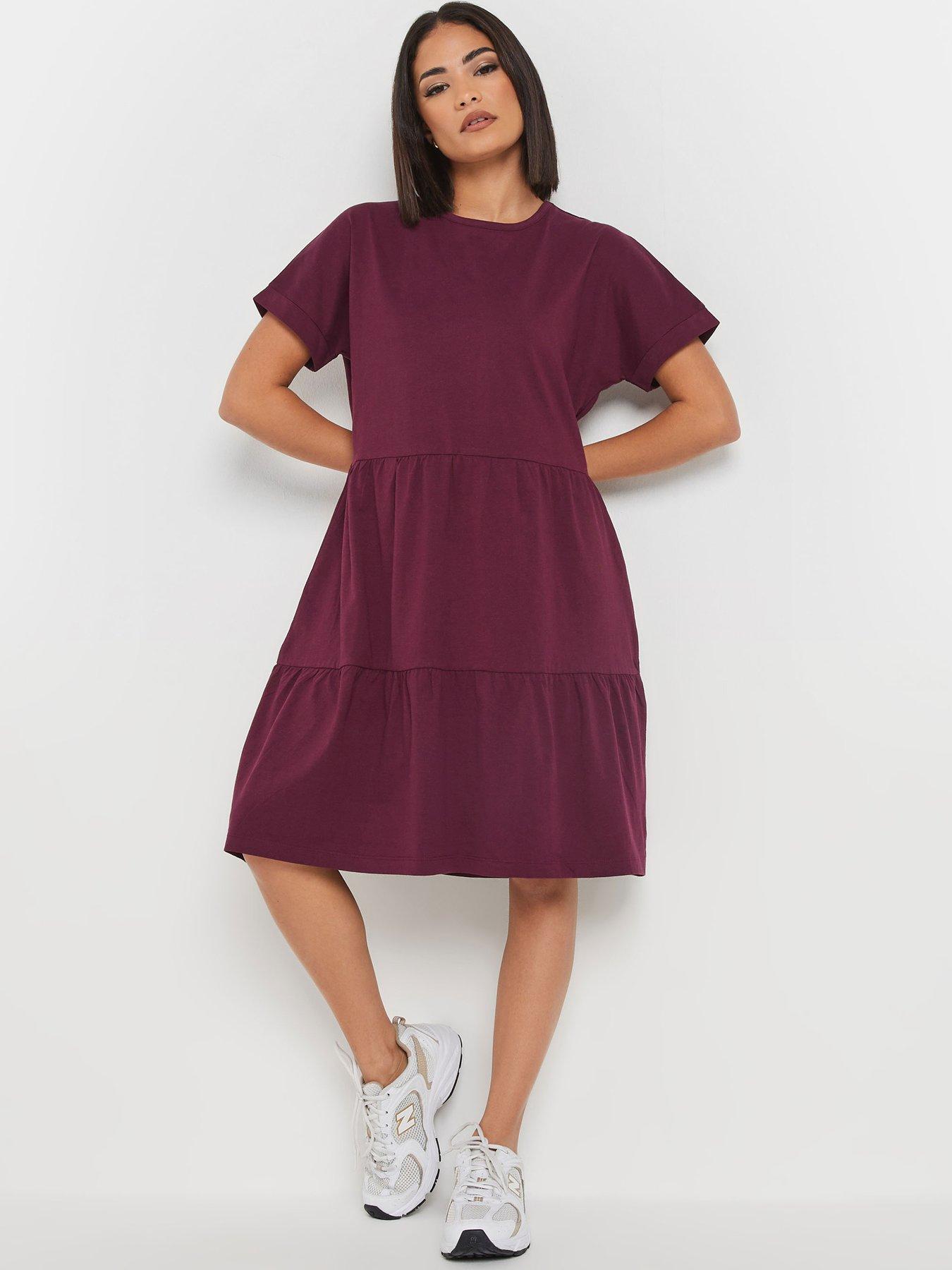 Image 1 of 4 of PixieGirl Petite Short Sleeve Tiered Smock Dress - Purple