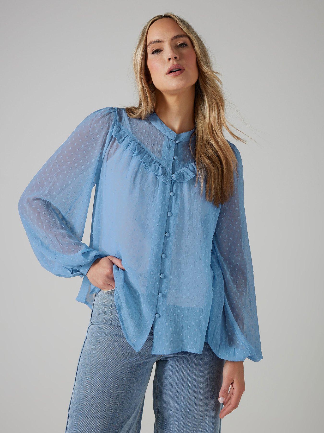 undefined Dobby Frill Blouse - Blue