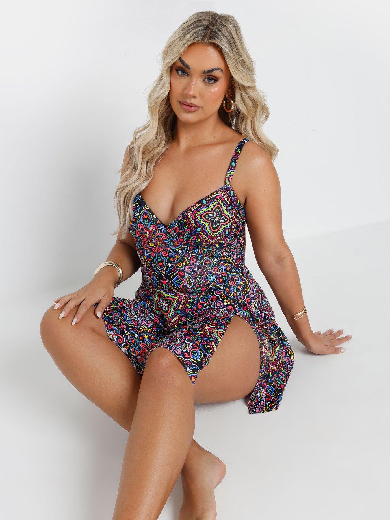 Image 4 of 4 of Yours Curve Aztec Wrap Over Skirted Swimdress - Black
