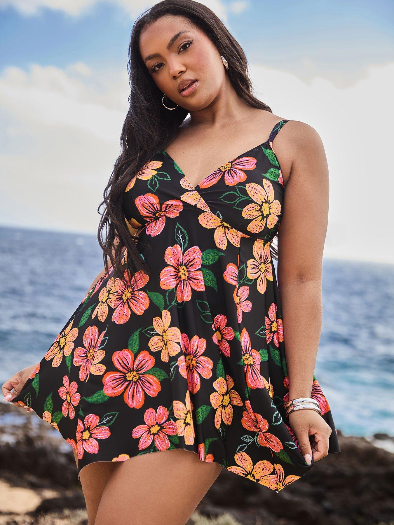 undefined Curve Dot Floral Hanky Hem Swimdress