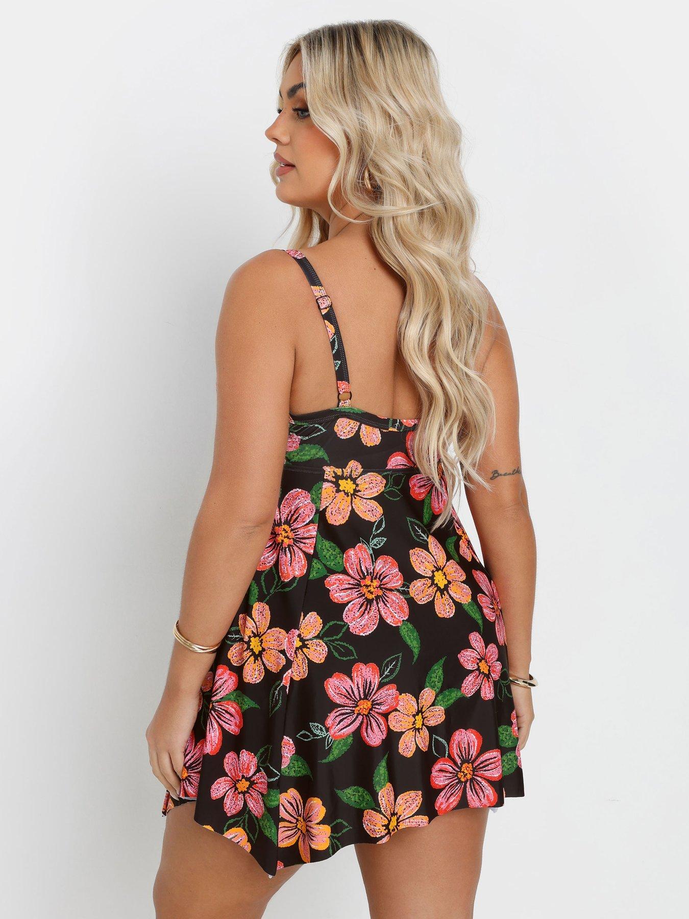 Image 2 of 4 of Yours Curve Dot Floral Hanky Hem Swimdress
