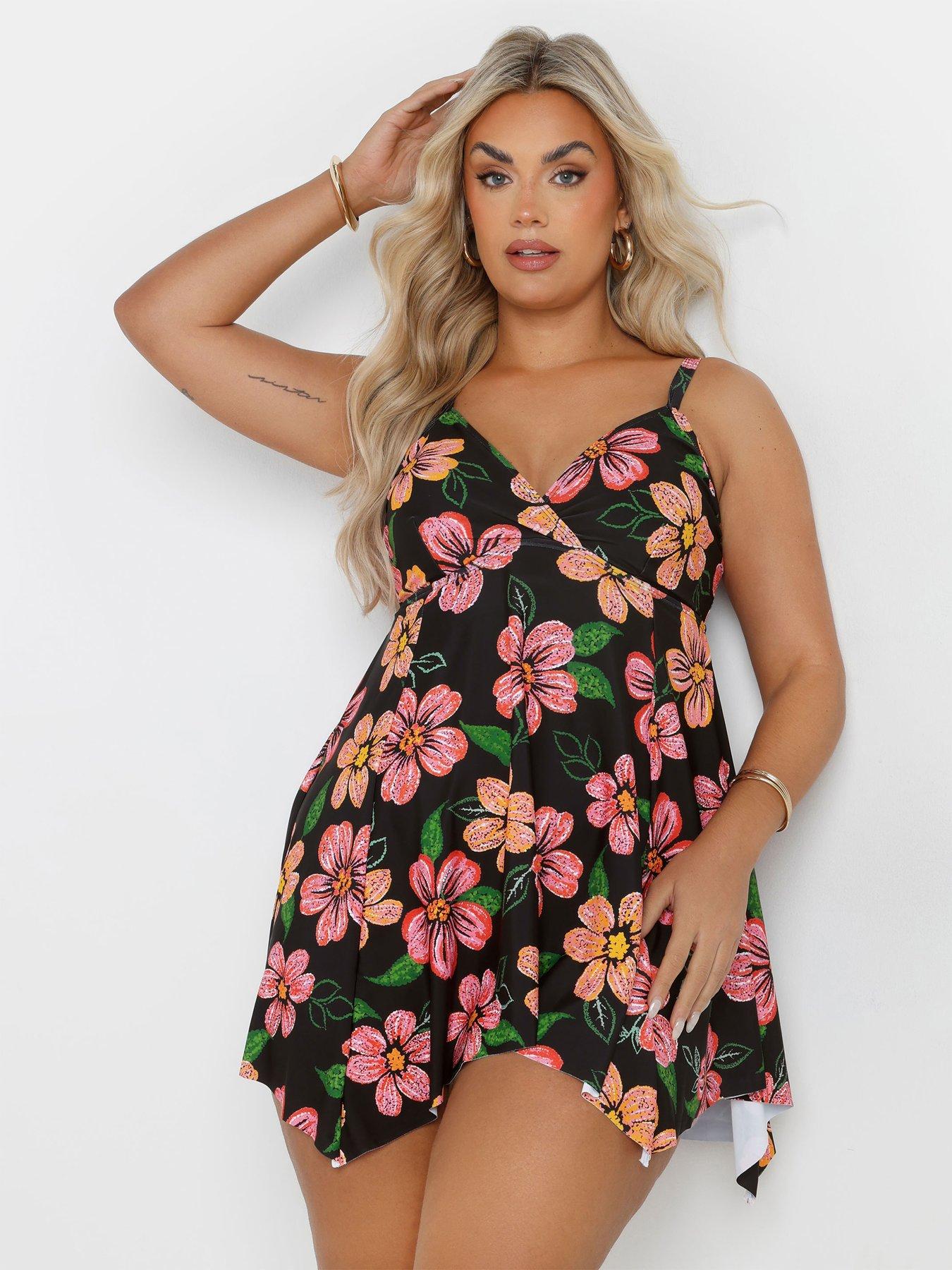 Image 4 of 4 of Yours Curve Dot Floral Hanky Hem Swimdress