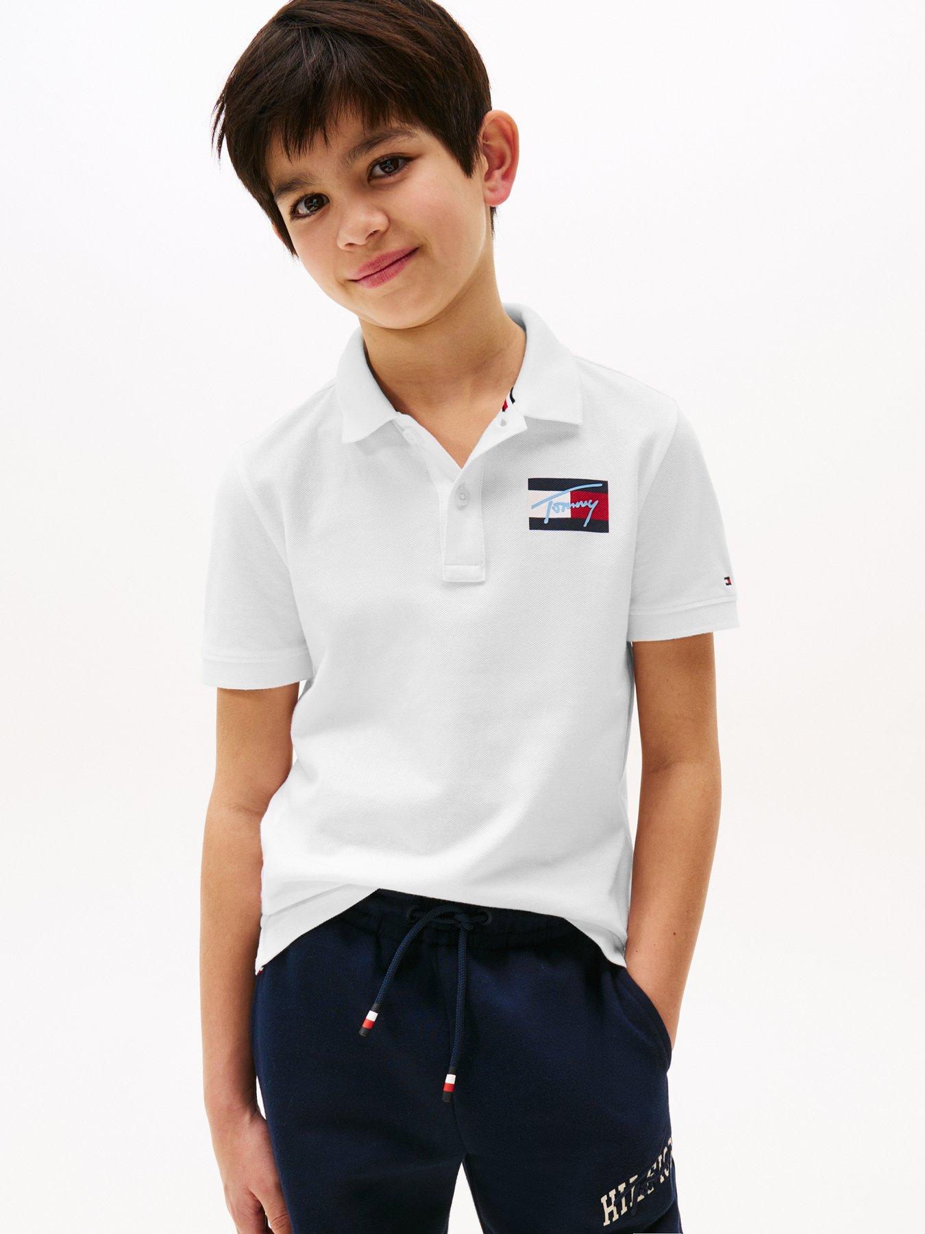Image 1 of 4 of Tommy Hilfiger Boys Script Flag Short Sleeve Polo Shirt - White