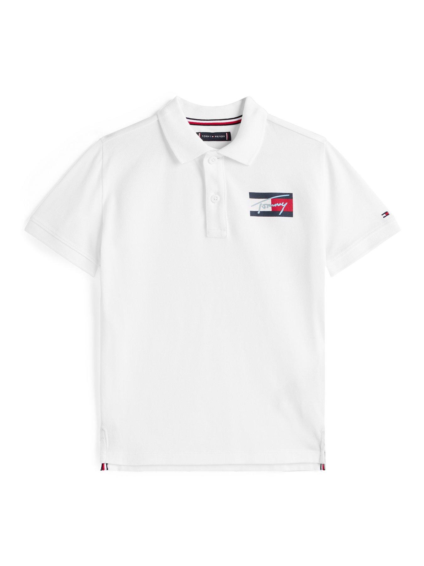 Image 4 of 4 of Tommy Hilfiger Boys Script Flag Short Sleeve Polo Shirt - White