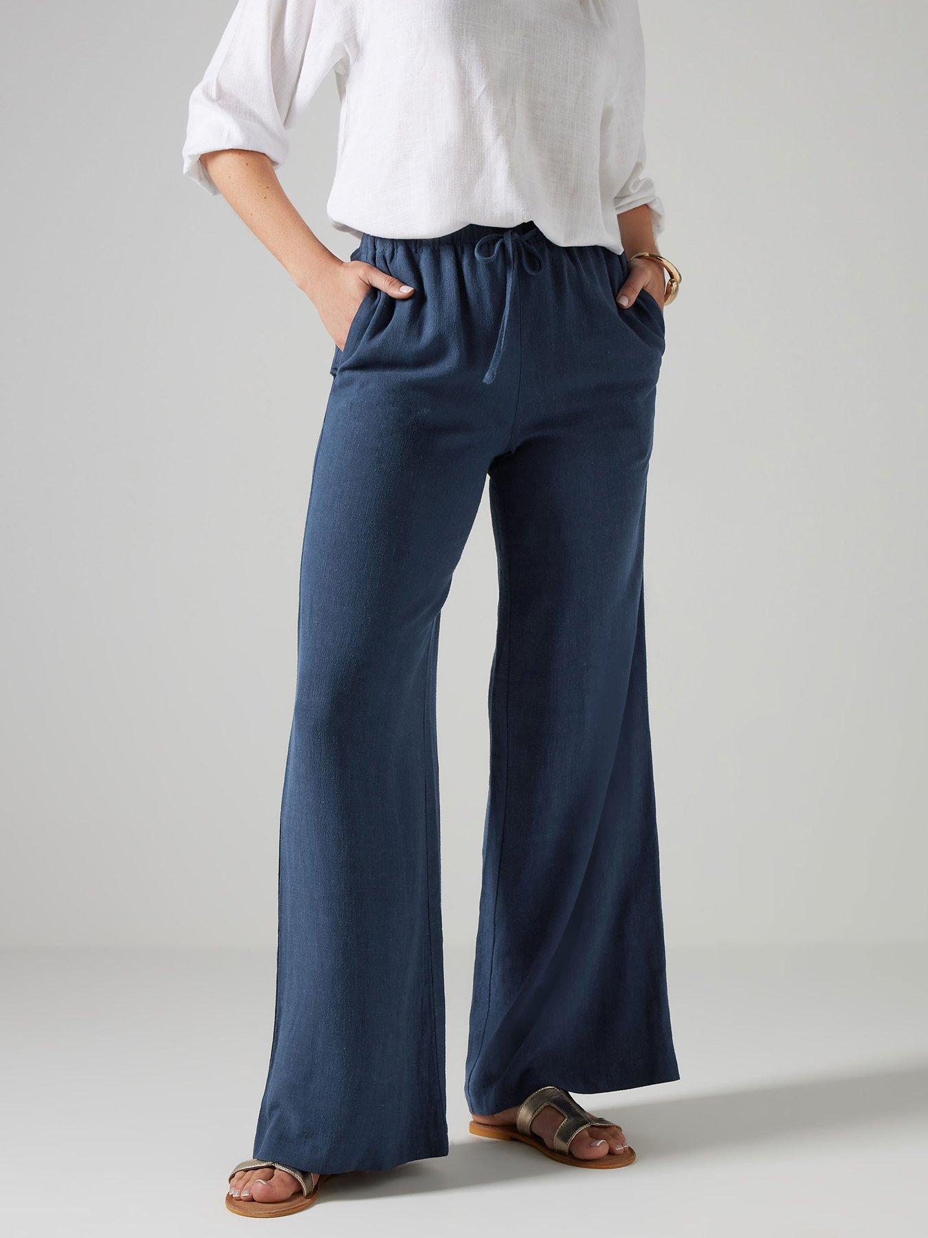 undefined Linen Blend Wide Leg Trouser 34" - Blue
