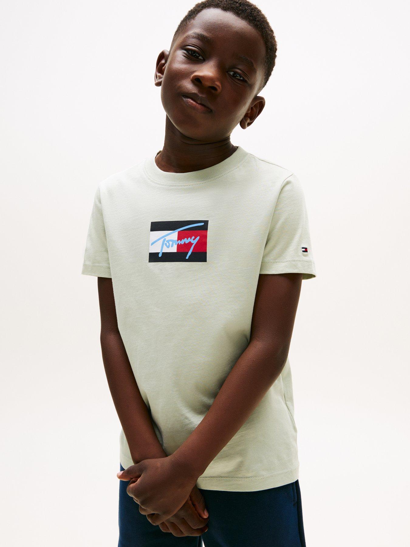 Tommy Hilfiger Boys Script Flag Print Short Sleeve T-Shirt - Light Khaki
