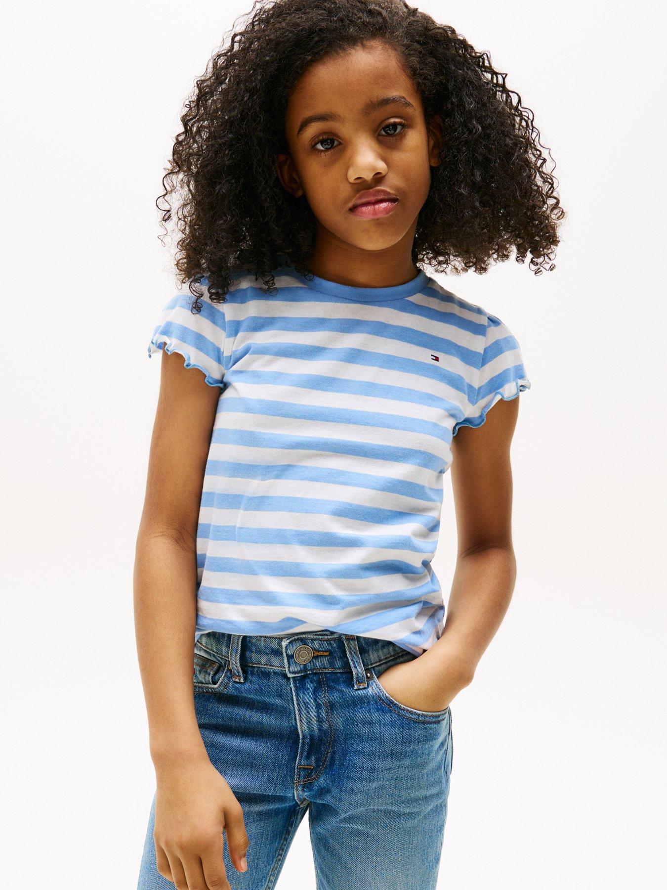 undefined Girls Essential Stripe Ruffle Short Sleeve Top - Blue