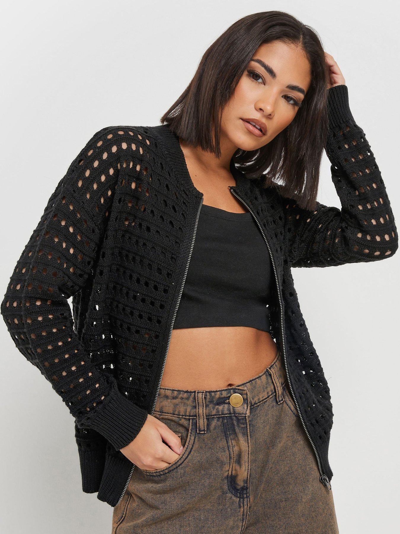 undefined Petite Crochet Zip Bomber Jacket - Black
