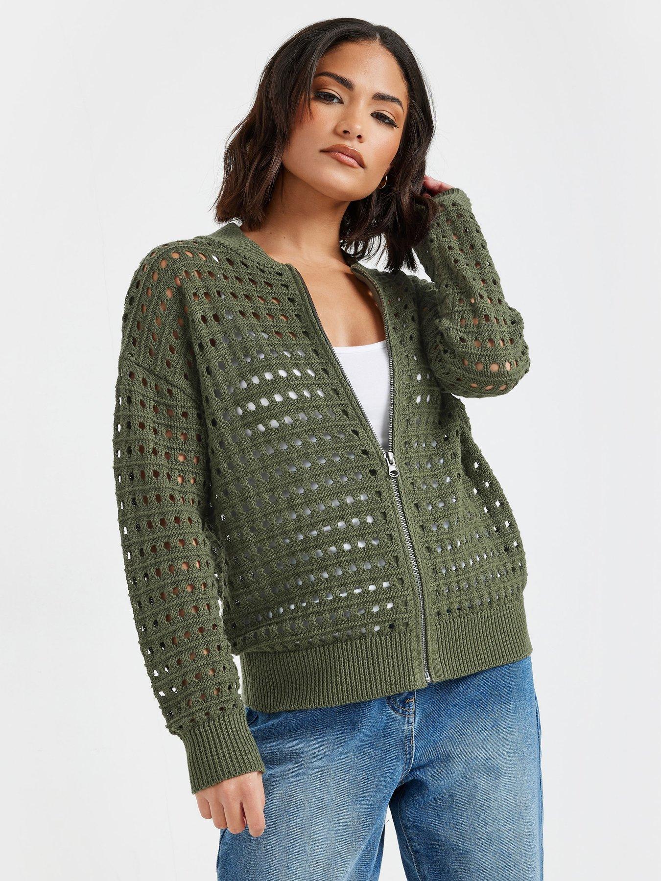 undefined Petite Crochet Zip Bomber Jacket - Green