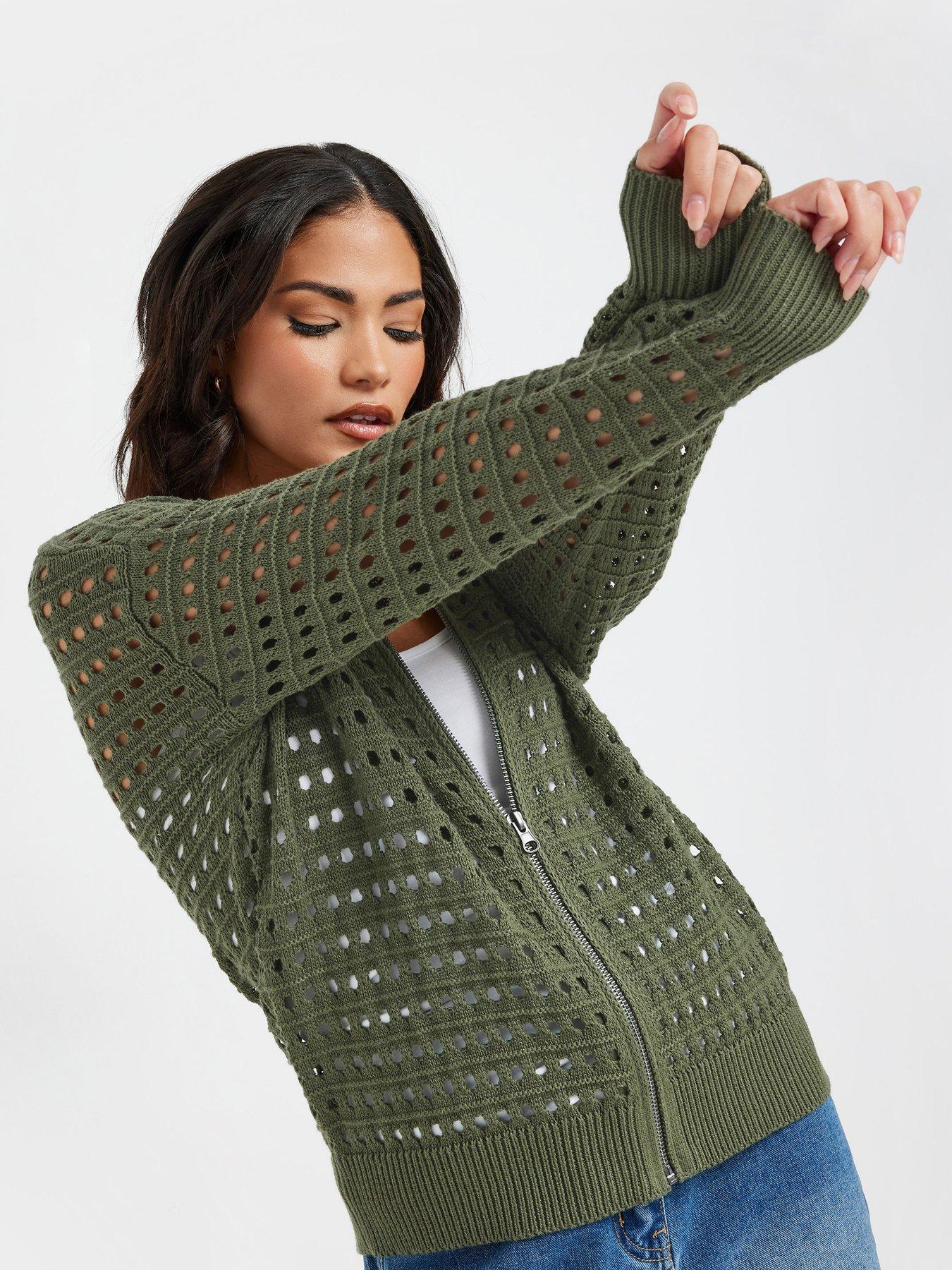 Image 4 of 4 of PixieGirl Petite Crochet Zip Bomber Jacket - Green