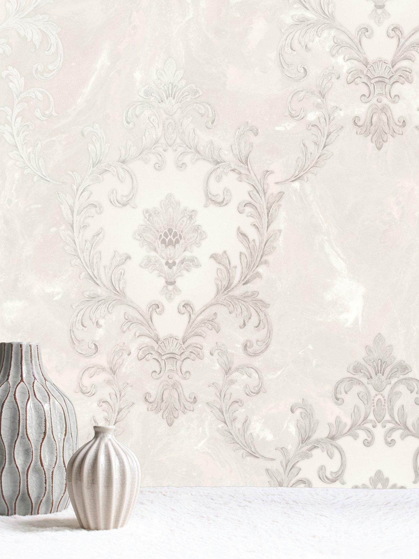 Image 1 of 3 of Rasch Sienna Damask Pearl Wallpaper - Pearl