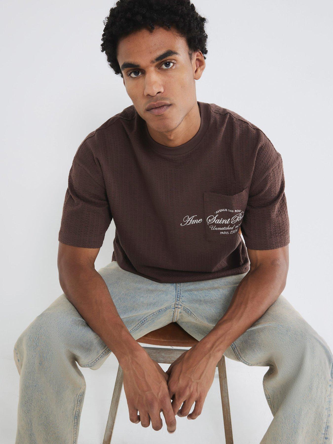 undefined Boxy Fit Seersucker Pocket Detail T-Shirt - Brown