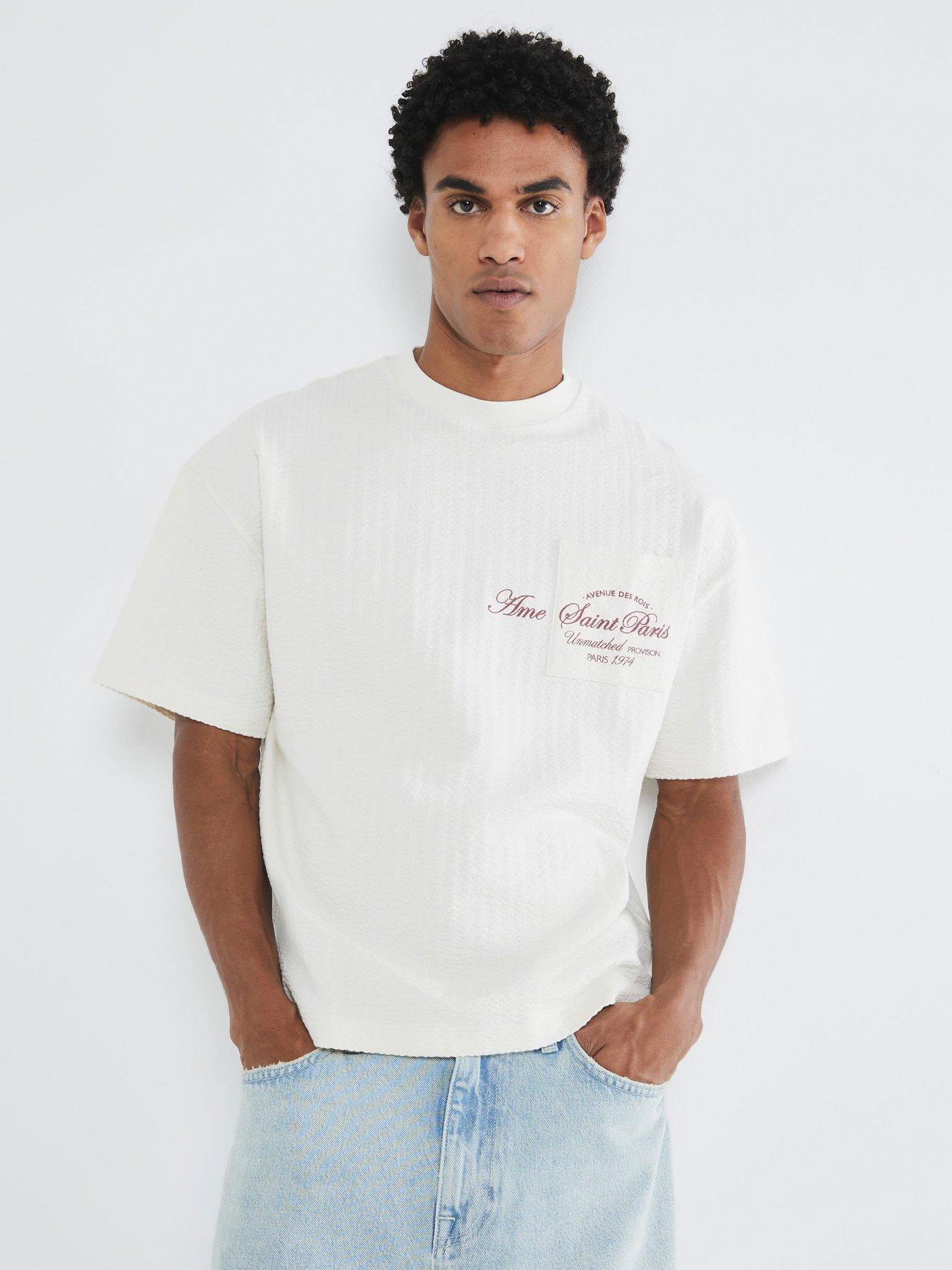 undefined Boxy Fit Seersucker Pocket Detail T-Shirt - Cream