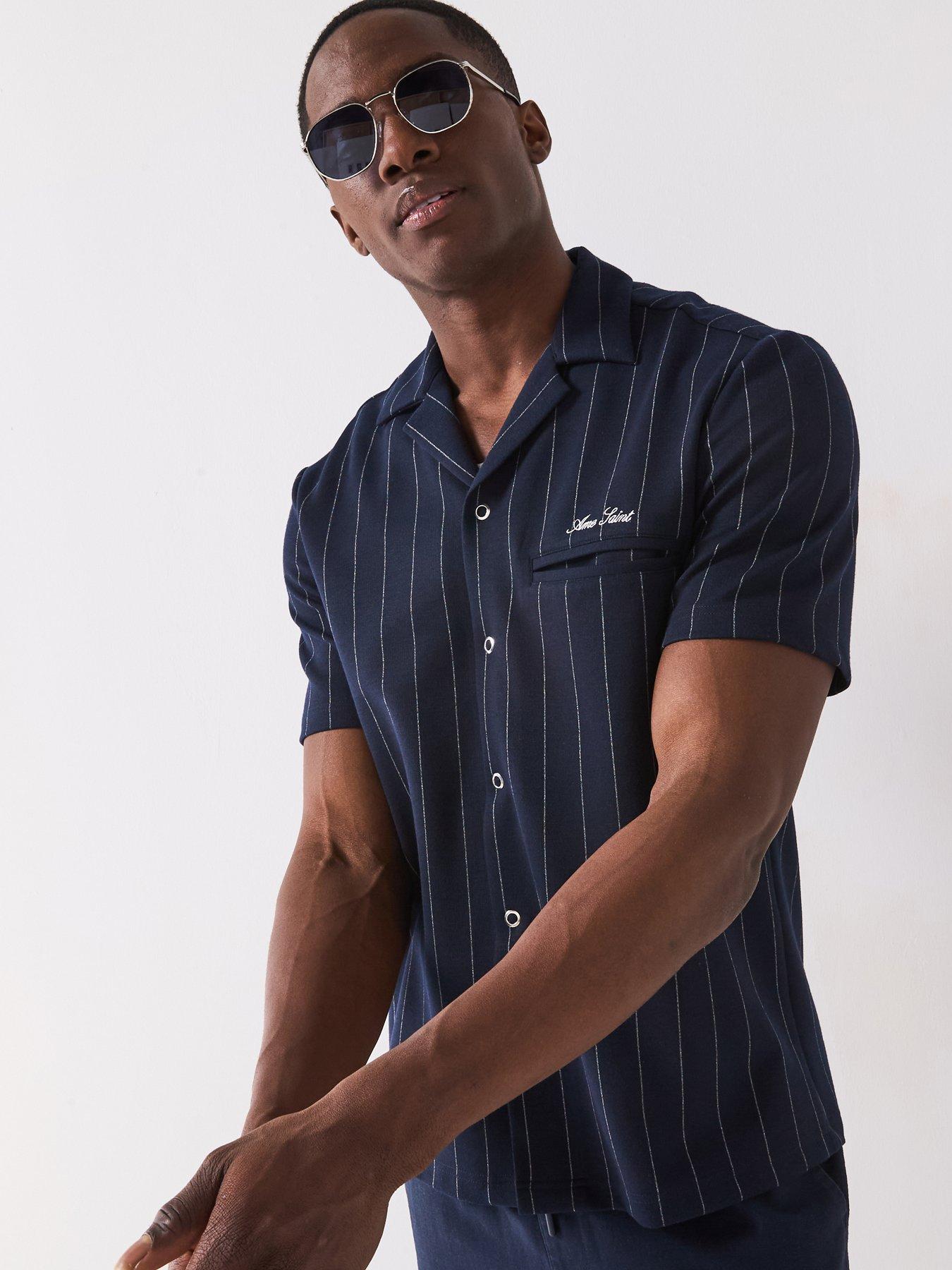 Image of River Island Short Sleeve Regular Fit Pin Stripe Shirt - Navy