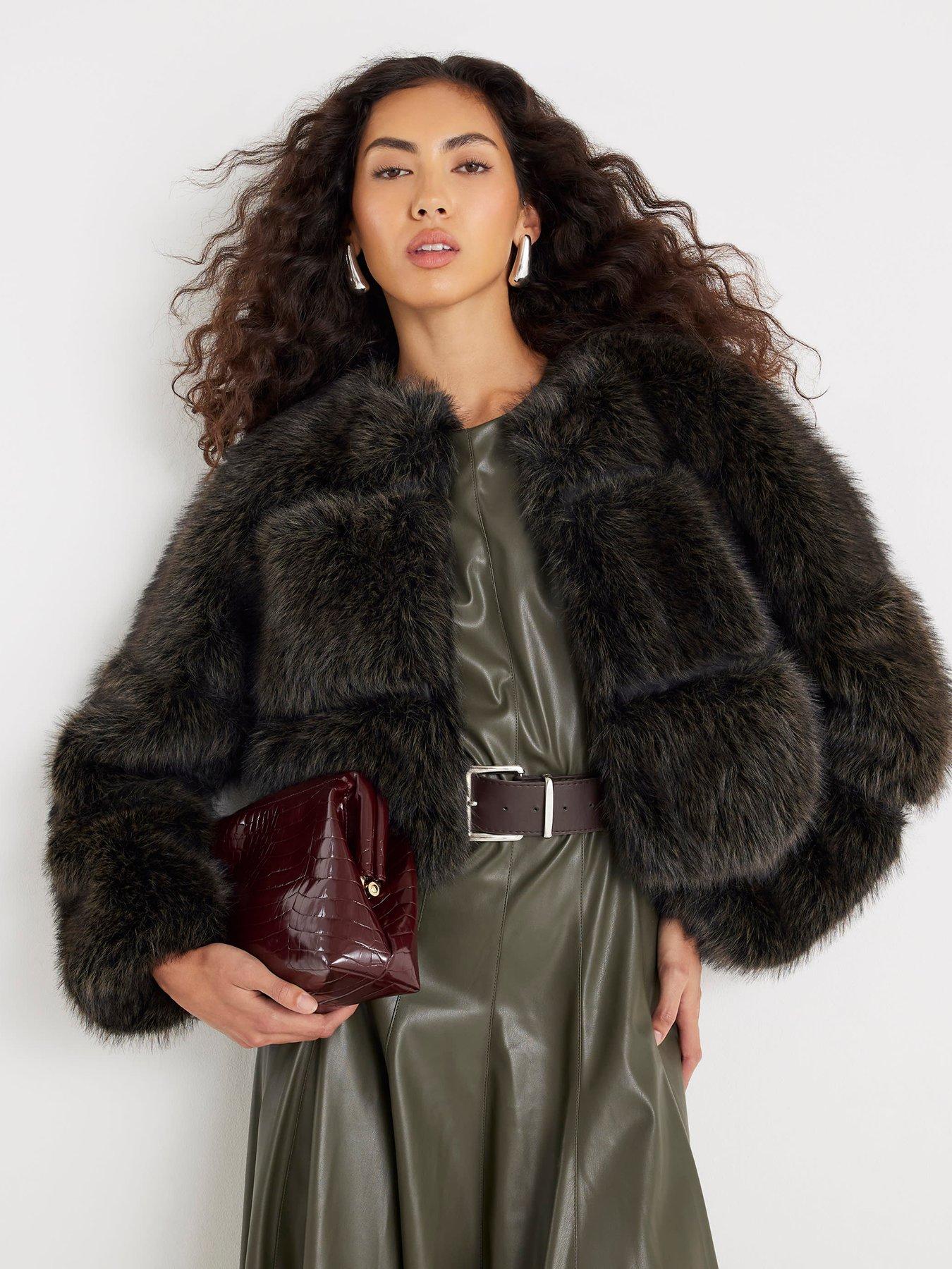 River Island Black Faux Fur Collarless Jacket River Island Crop