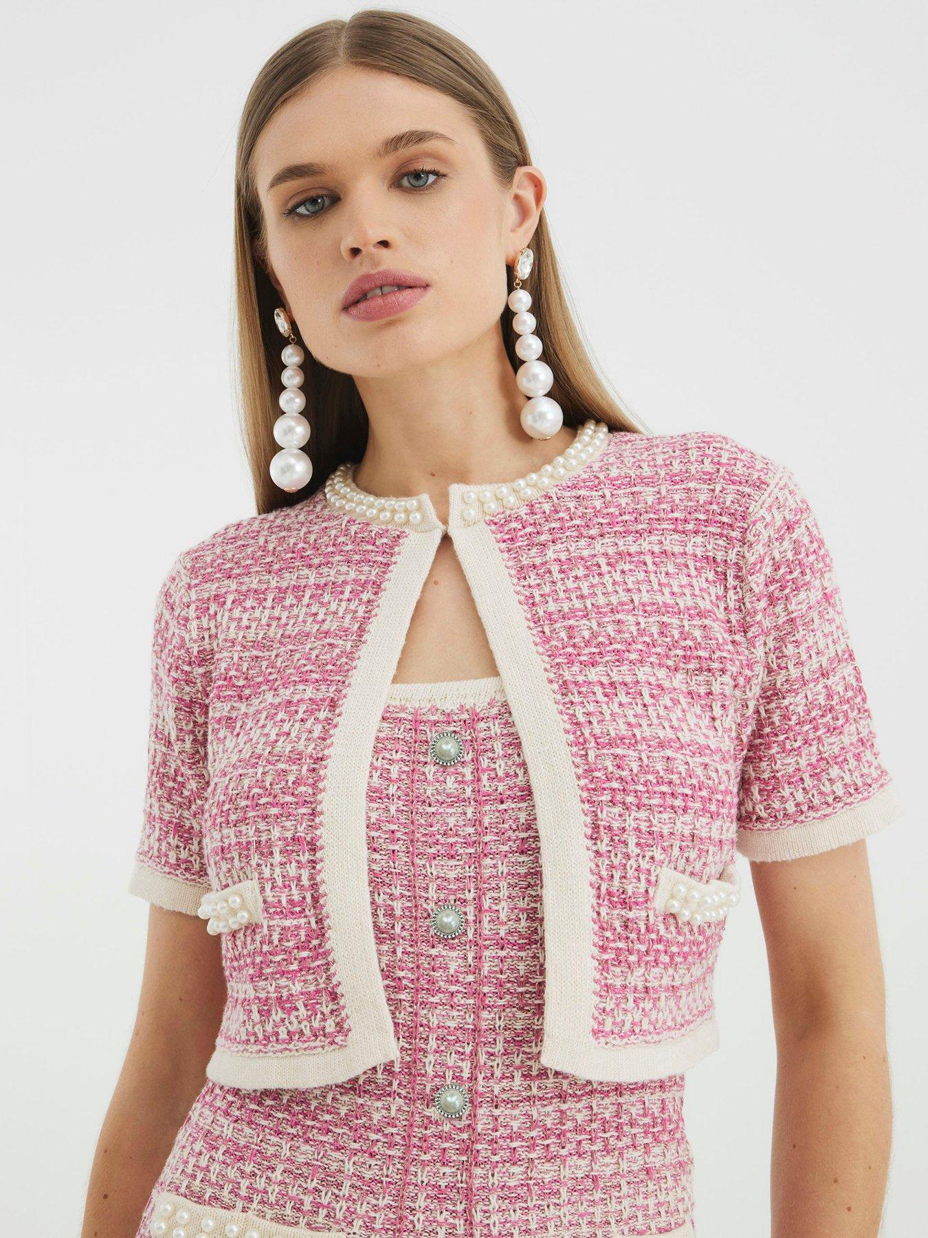 undefined Short Sleeve Boucle Cardigan - Light Pink