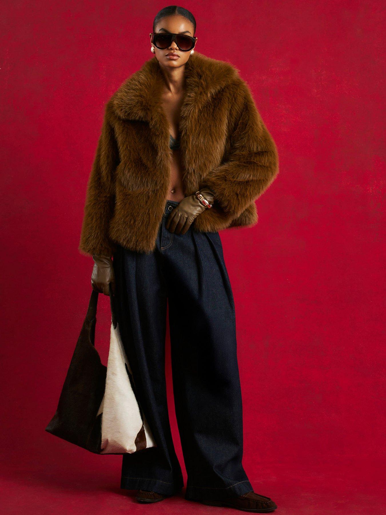 Riu リウ Fur short coat River Island Short Faux Fur Jacket - Brown | Very