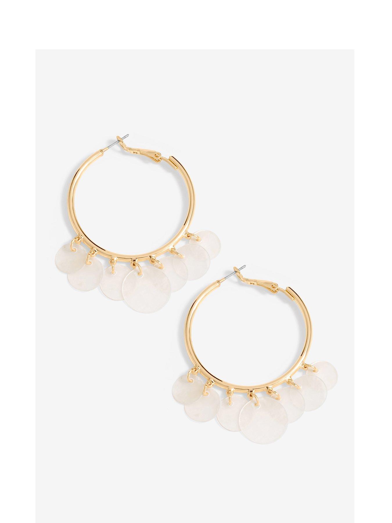 Image 1 of 6 of Mood Gold White Shell Charm Hoop Earrings