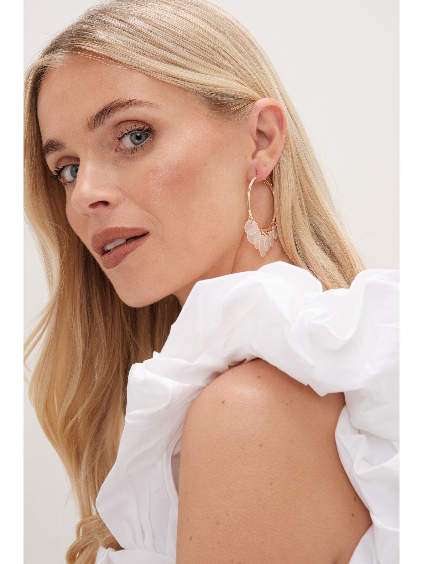 Image 2 of 6 of Mood Gold White Shell Charm Hoop Earrings