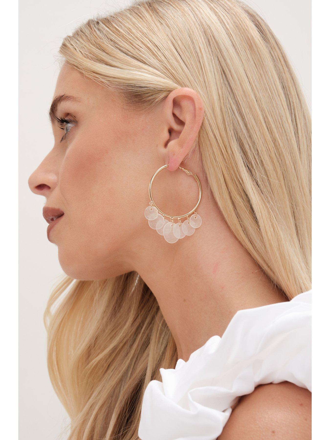 Image 3 of 6 of Mood Gold White Shell Charm Hoop Earrings