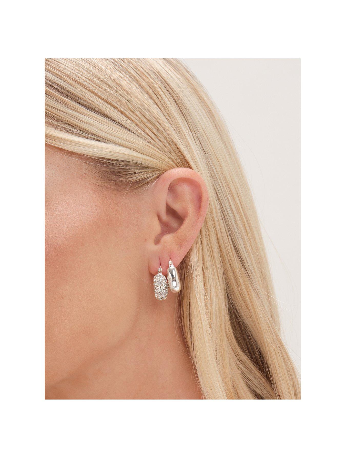 undefined Silver Crystal Puffed Heart Huggie Hoop Earrings - Pack Of 2