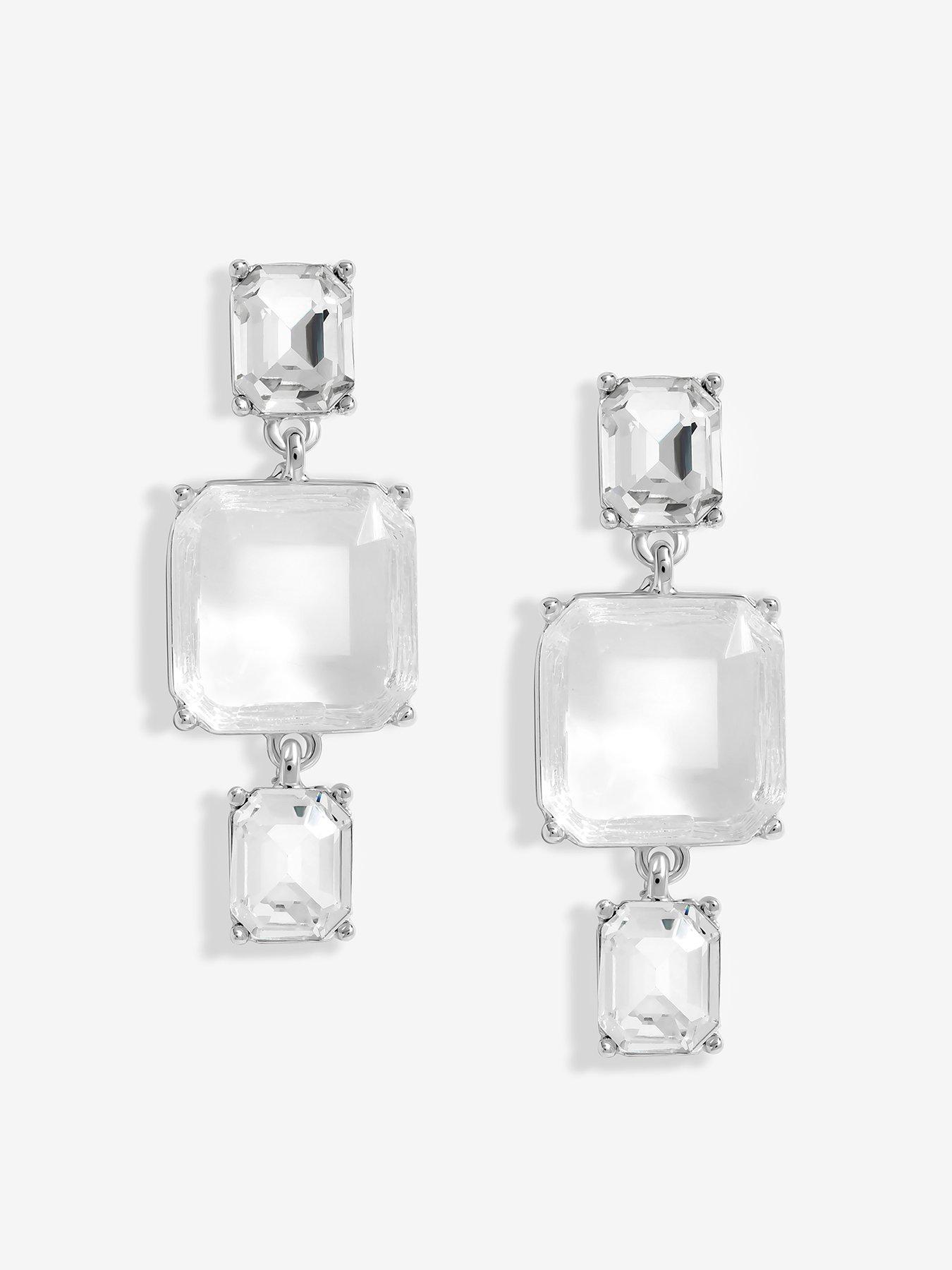 undefined Silver Crystal Facet Three Drop Earrings
