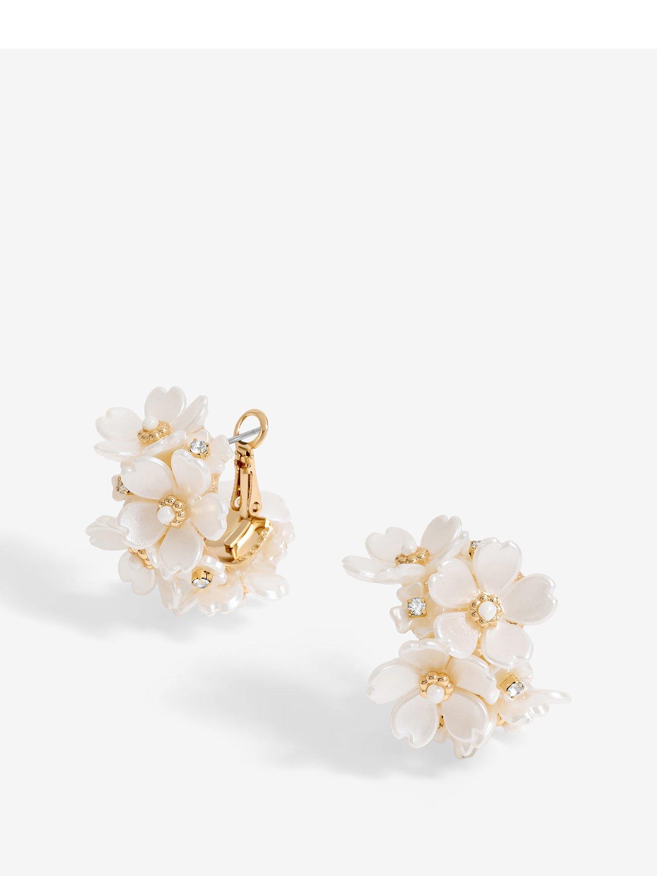 Product photograph of Jon Richard Gold Plated White Floral Hoop Earrings from very.co.uk
